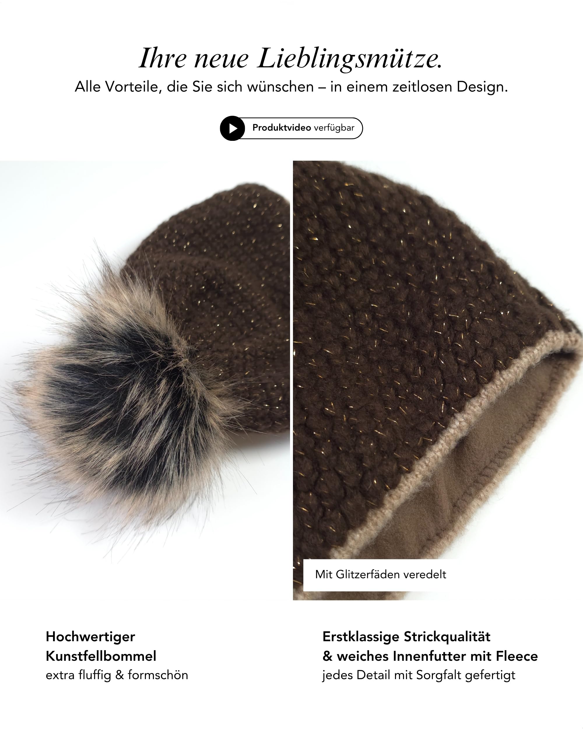 Baesics Berretto lavorato a maglia con glitter marrone con pompon per uomo e donna – caldo berretto invernale unisex con fodera in pile e pelliccia sintetica Pompon One Size – Beanie Style