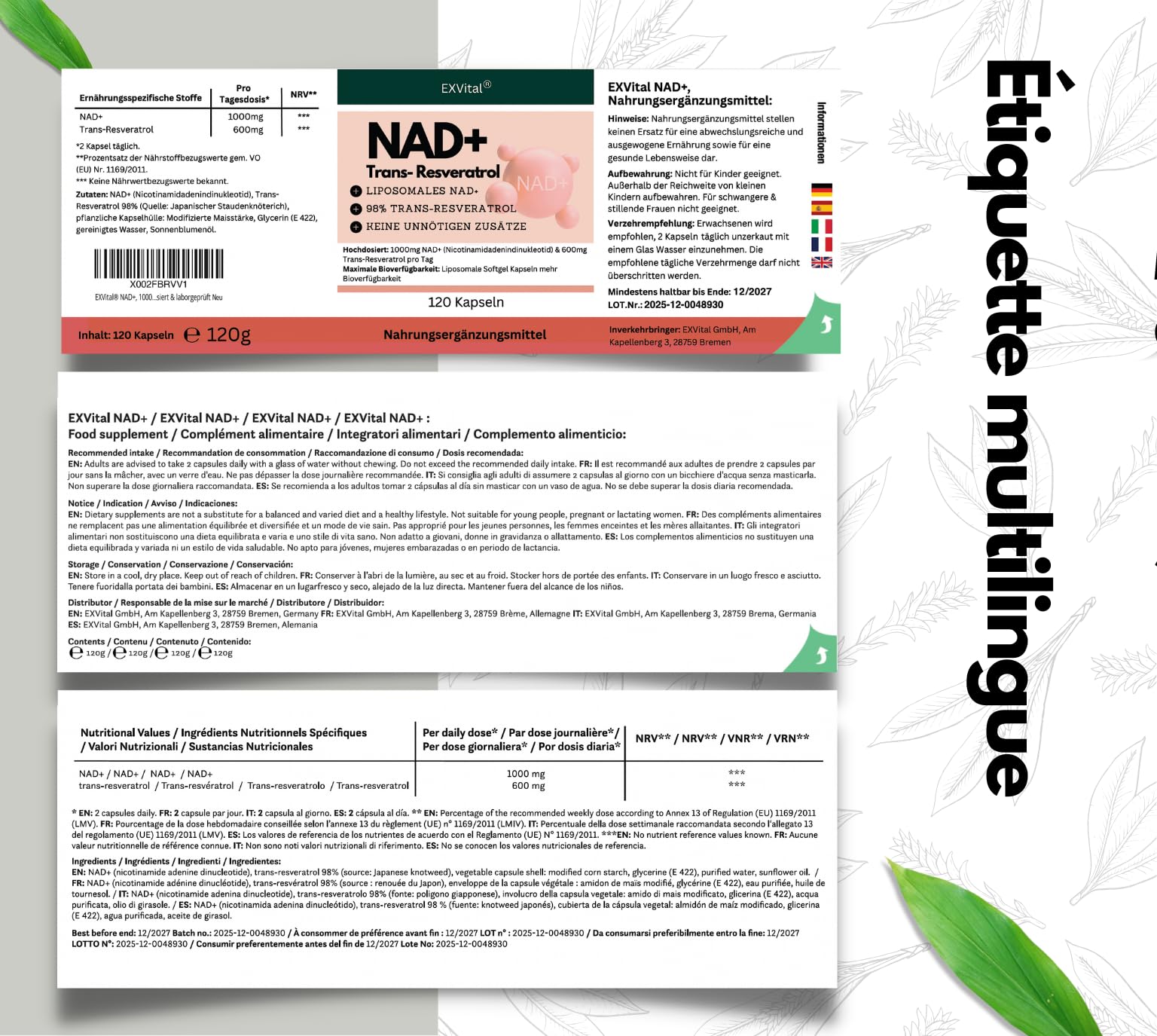 EXVital® NAD+, 1000 mg de NAD+ et 600 mg de trans-resvératrol par jour - 120 gélules végétaliennes - liposomales et biodisponibilité maximale, hautement dosées et testées en laboratoire