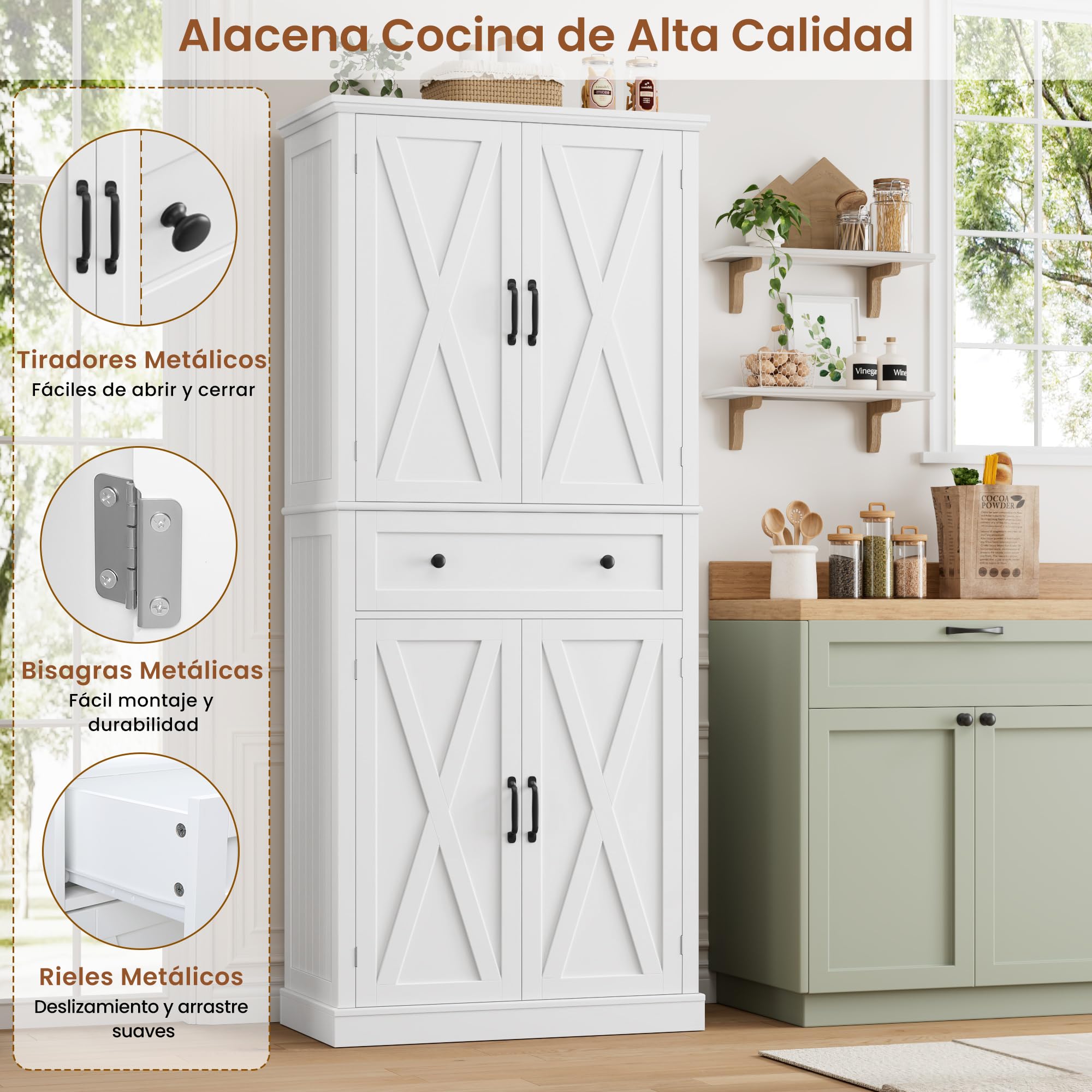 FirFurd Alacena de Cocina, Aparador Cocina, Armario Almacenaje, 5 Estantes | Armario Despensa Cocinas, 4 Puertas, 1 Cajón, para Comedor, Baño, Blanco, 78x40x181,5cm