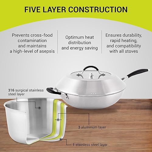 Miniatura 3 de universal Wok UHL de 13 pulgadas, utensilios de cocina de acero inoxidable 316, sartén de 5 capas con tapa, capacidad de 5.7 cuartos de galón  4.8
