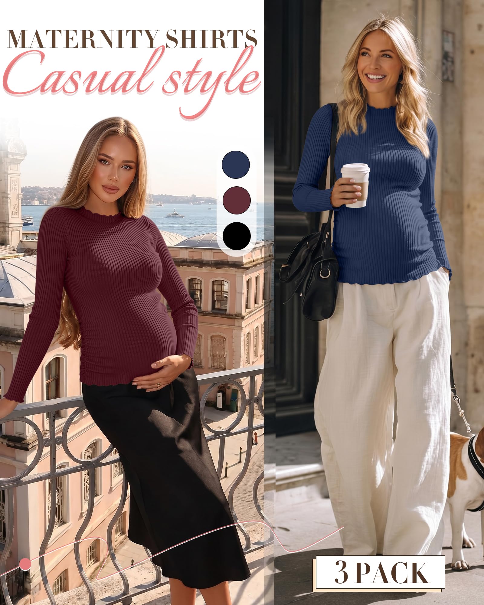 Geyoga 3er-Pack Umstandsshirts für Damen, gerippte Stricktops, langärmelig, Stehkragen, Basic-Tunika, Herbstkleidung