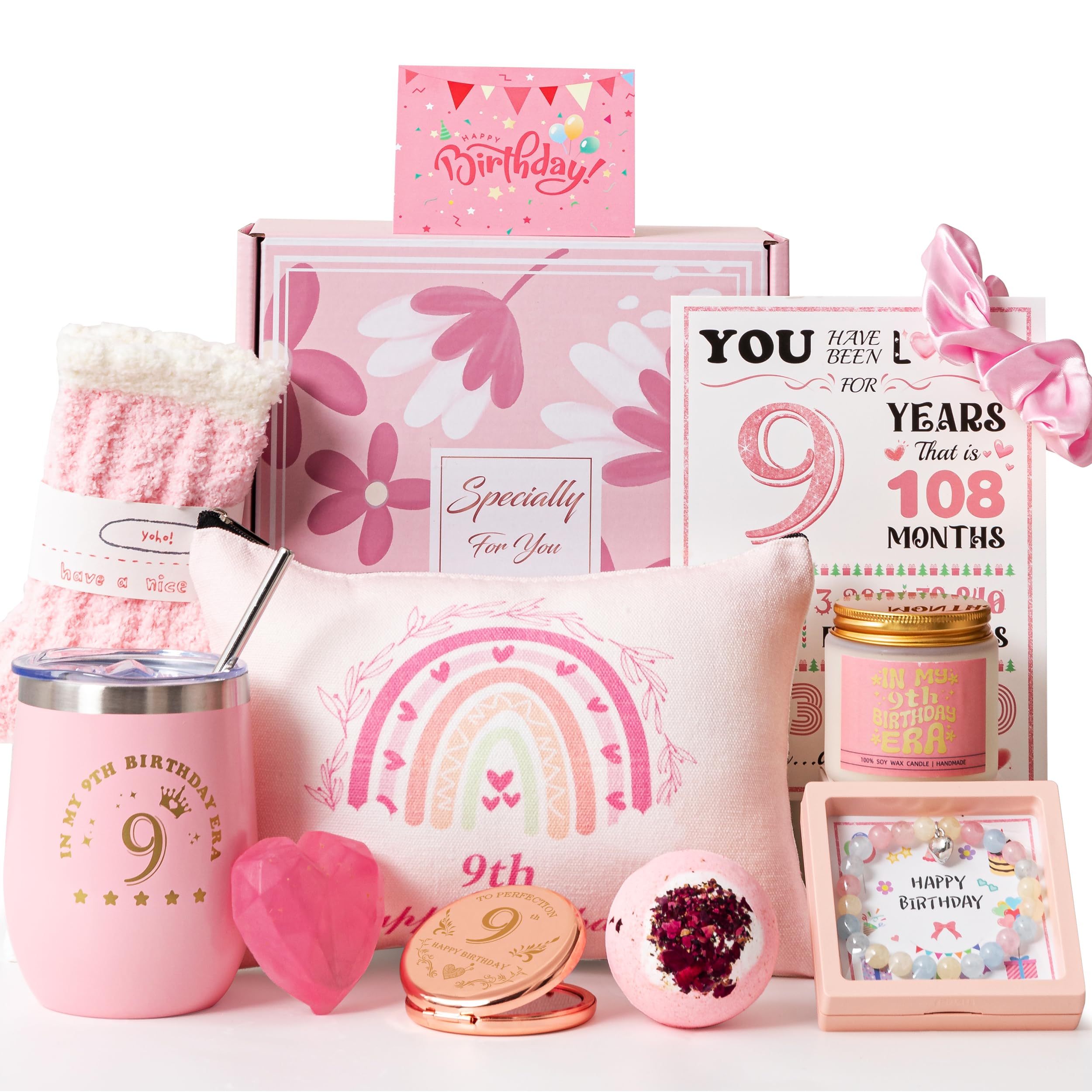 9th Birthday Gifts for Girls,Happy 9th Pamper Gift Basket Ideas for Daughter, Cute Unique Sweet 9 Year Old Birthday Hampers Presents for Her,Best Friend Niece,Granddaughter, Sister, Friend, Teens