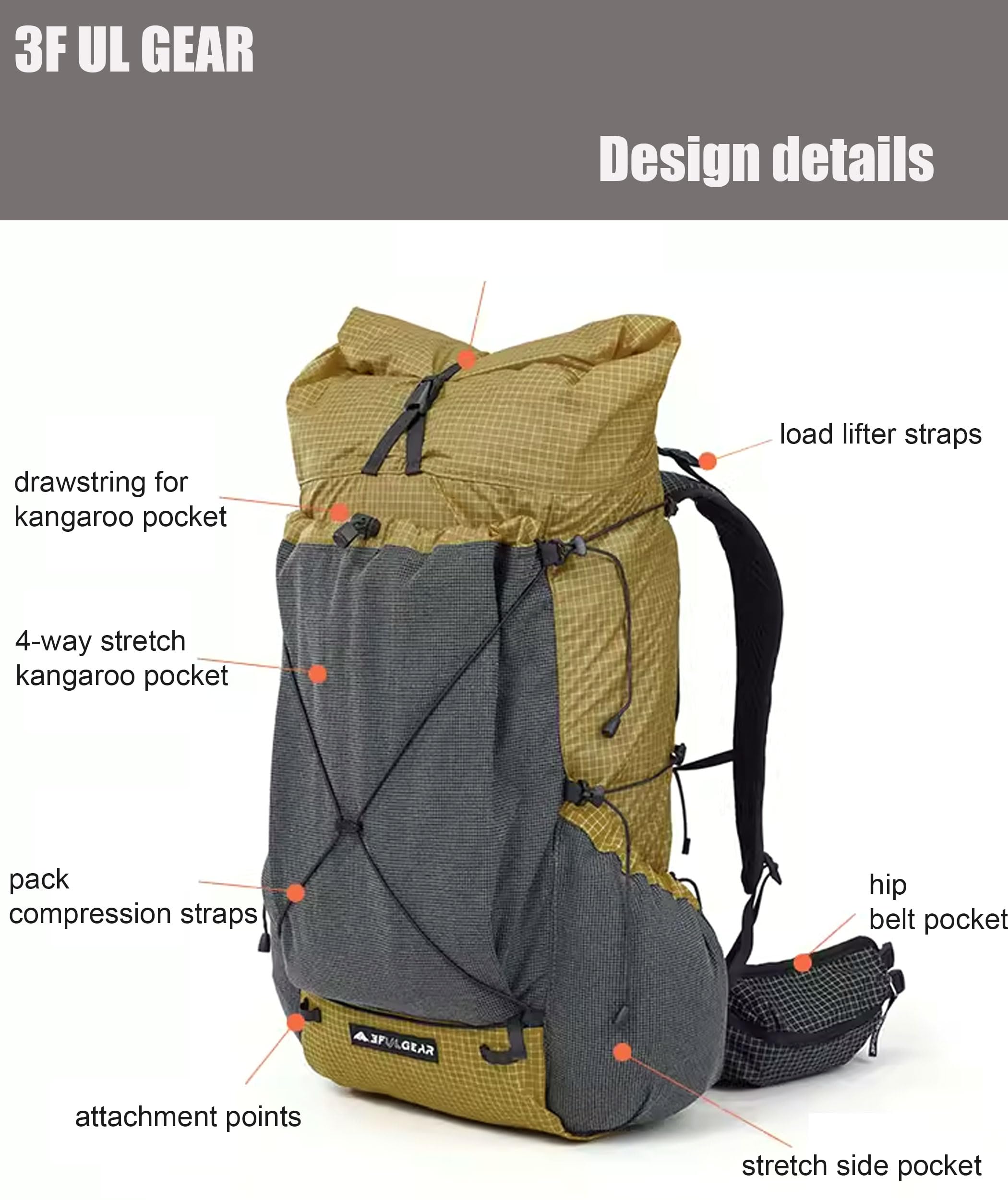 3F UL GEAR 30L + 10L UHMWPE Zaino ultraleggero impermeabile da escursionismo, campeggio, viaggi, per uomini e donne (cachi classico, L)