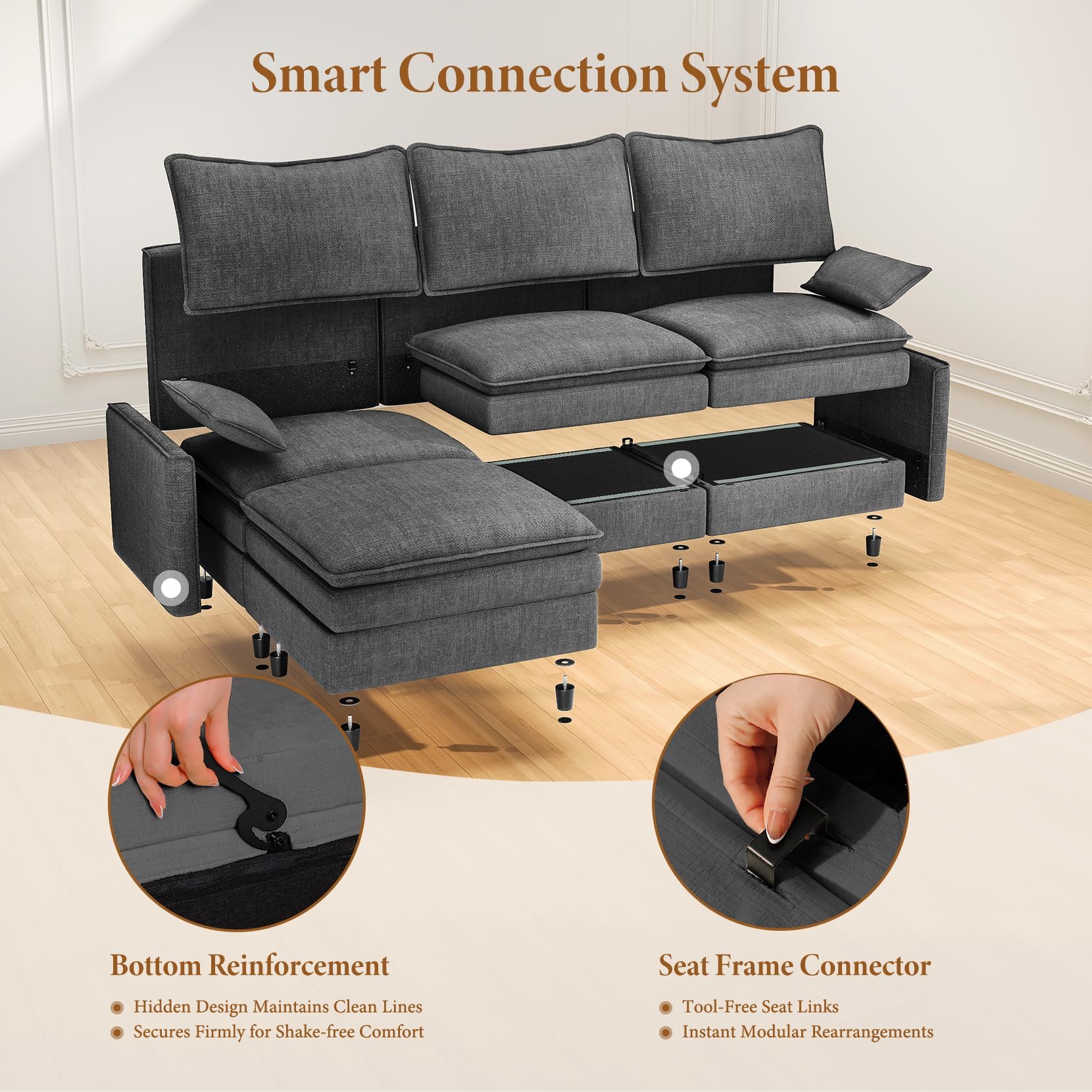 Comfy Cloud Couch with Movable Ottoman Deep Seat Chenille L Shaped Modular Sofa,108" Modular Sectional Sofa, Sectional Couches for Living Room, Bedroom and Apartment (Grey) — view 5