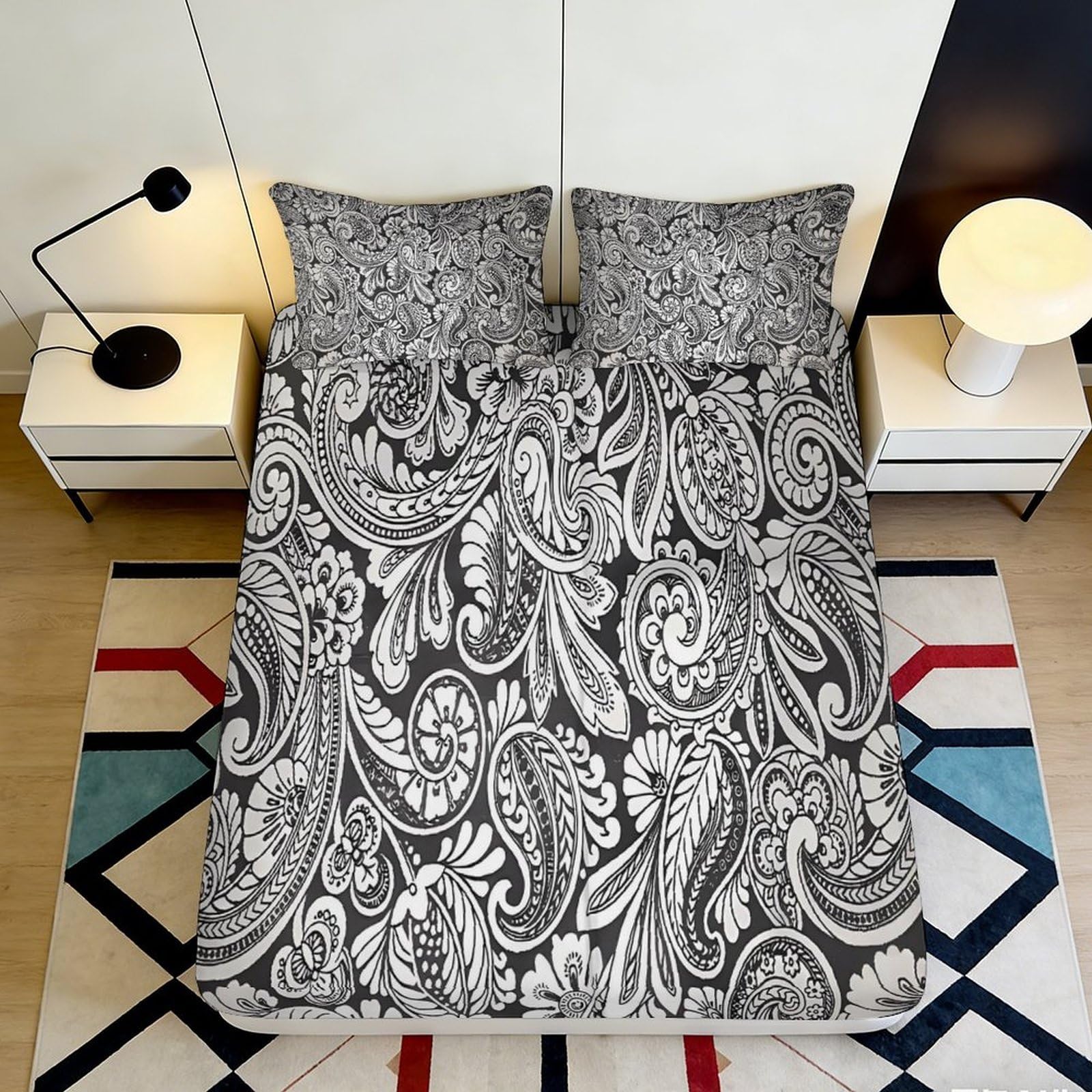 Pnayamiorkfel Style-4 3D Printed Paisley Floral Fitted Sheet Microfiber Anti-Slip Black White Mattress Cover For Bedroom Guest Room Decor 90X200x25cm