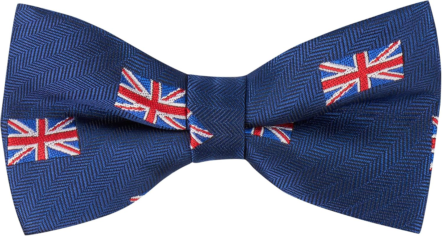 King & Priory Union Jack UK Flag Navy Blue Herringbone Embroidered Bow Tie