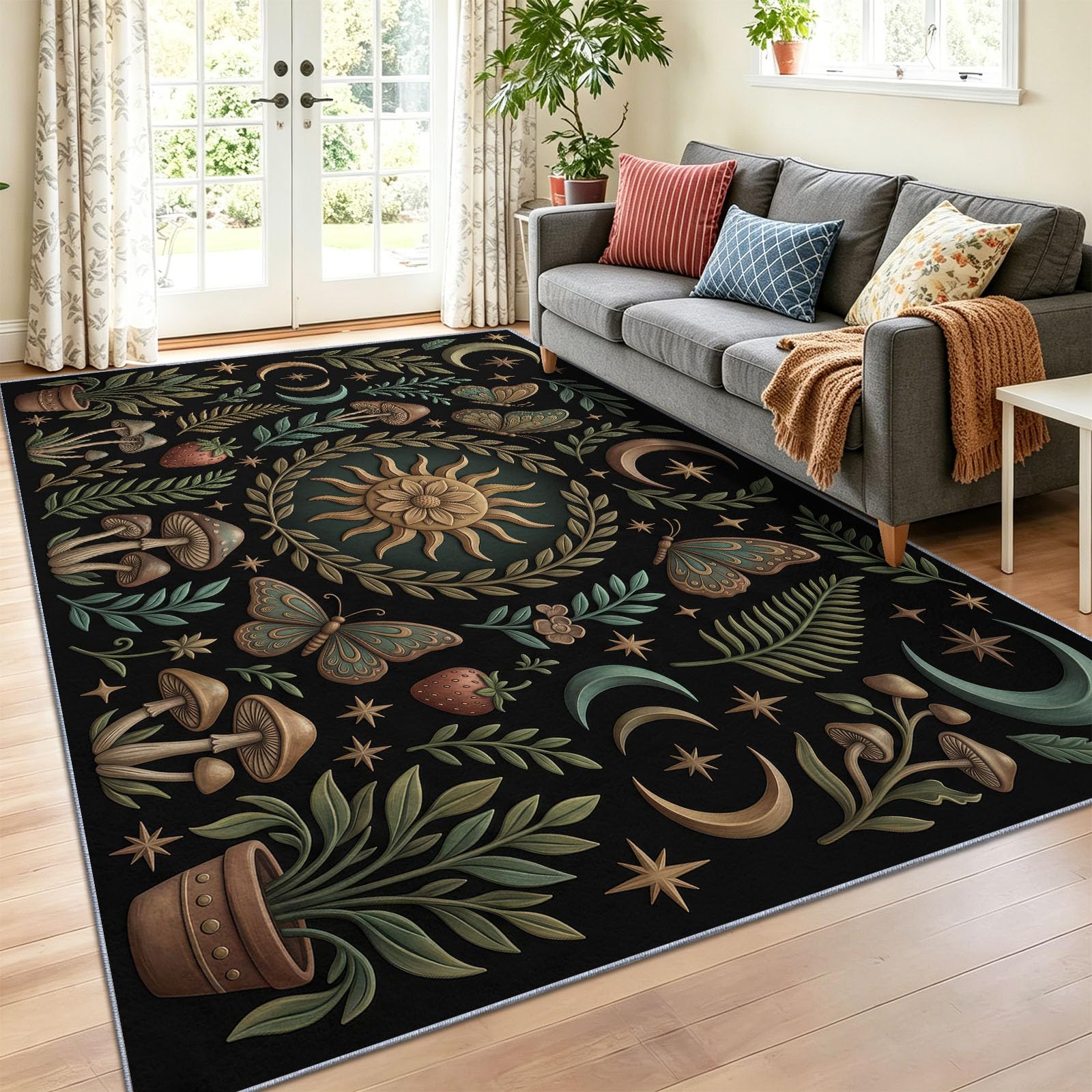 Antidérapant Papillon Soleil Lune Champignon Tapis Salon 140 x 200 cm, Fantastique Bohème Tapis Lavable Doux Poil Court, pour Cuisine Bain Chambre, Multicolore