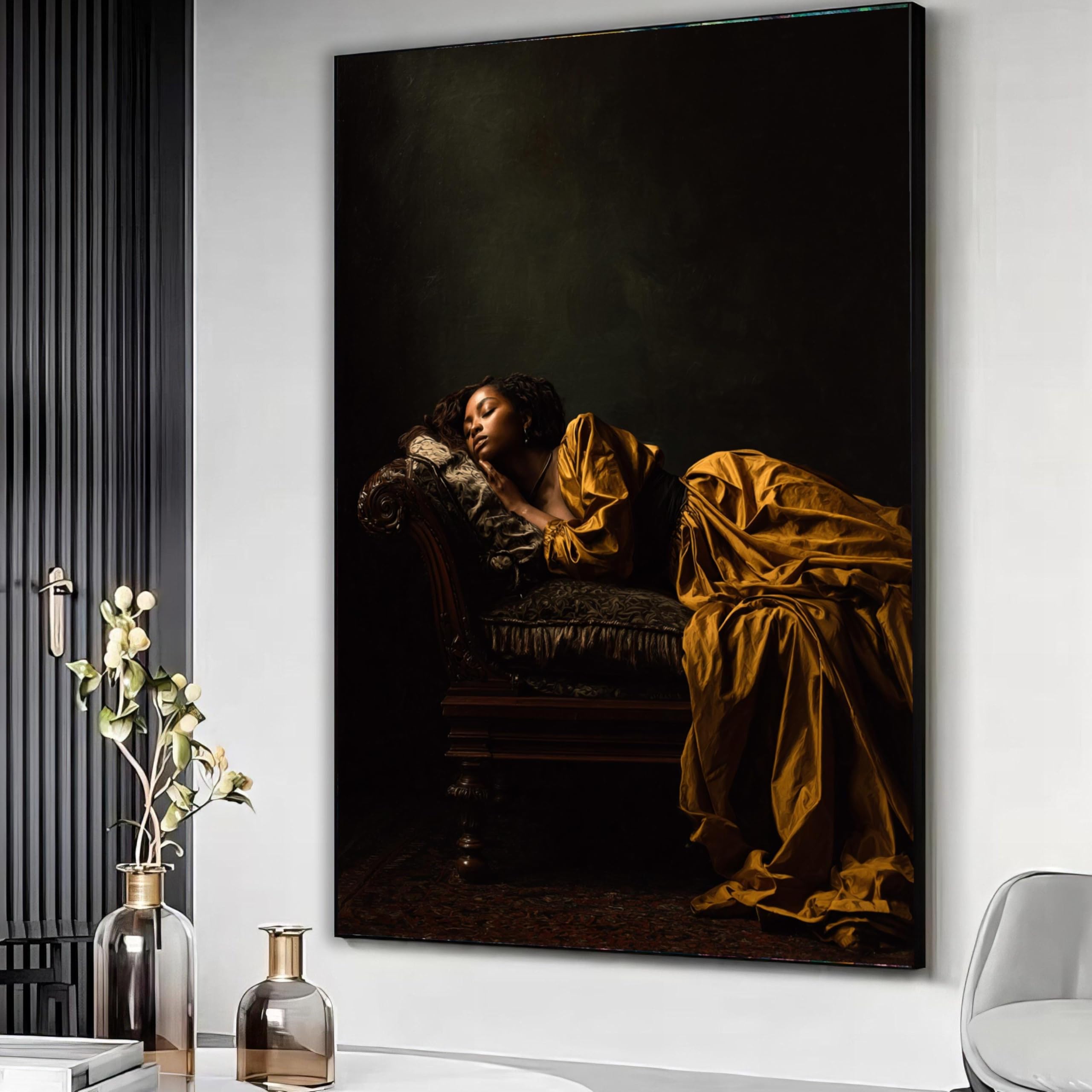 XBTYKPB Woman Resting on Vintage Sofa Canvas, Portrait Wall Art, Home Decoration, Luxurious Golden Dress Canvas Print Painting(80x110cm/Frameless)