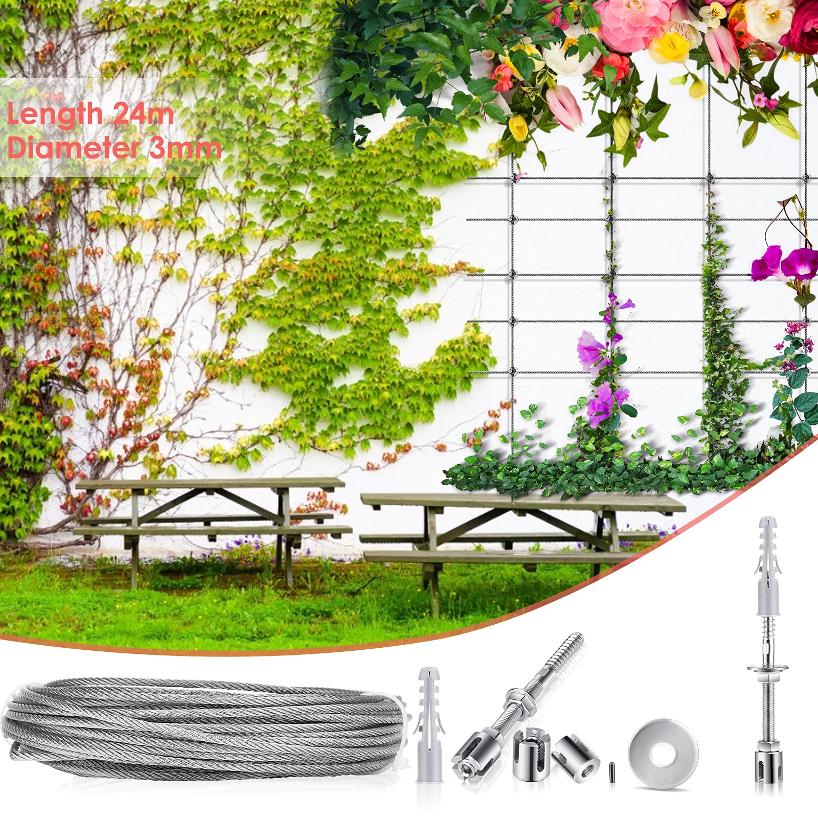 Support pour Plantes Grimpantes, 24m Corde en Acier Inoxydable à Suspendre Kit avec 3mm Cable INOX et 16 Tendeurs, pour Jardin/Mur Béton/Clôture Câble/Bois Massif (24m)