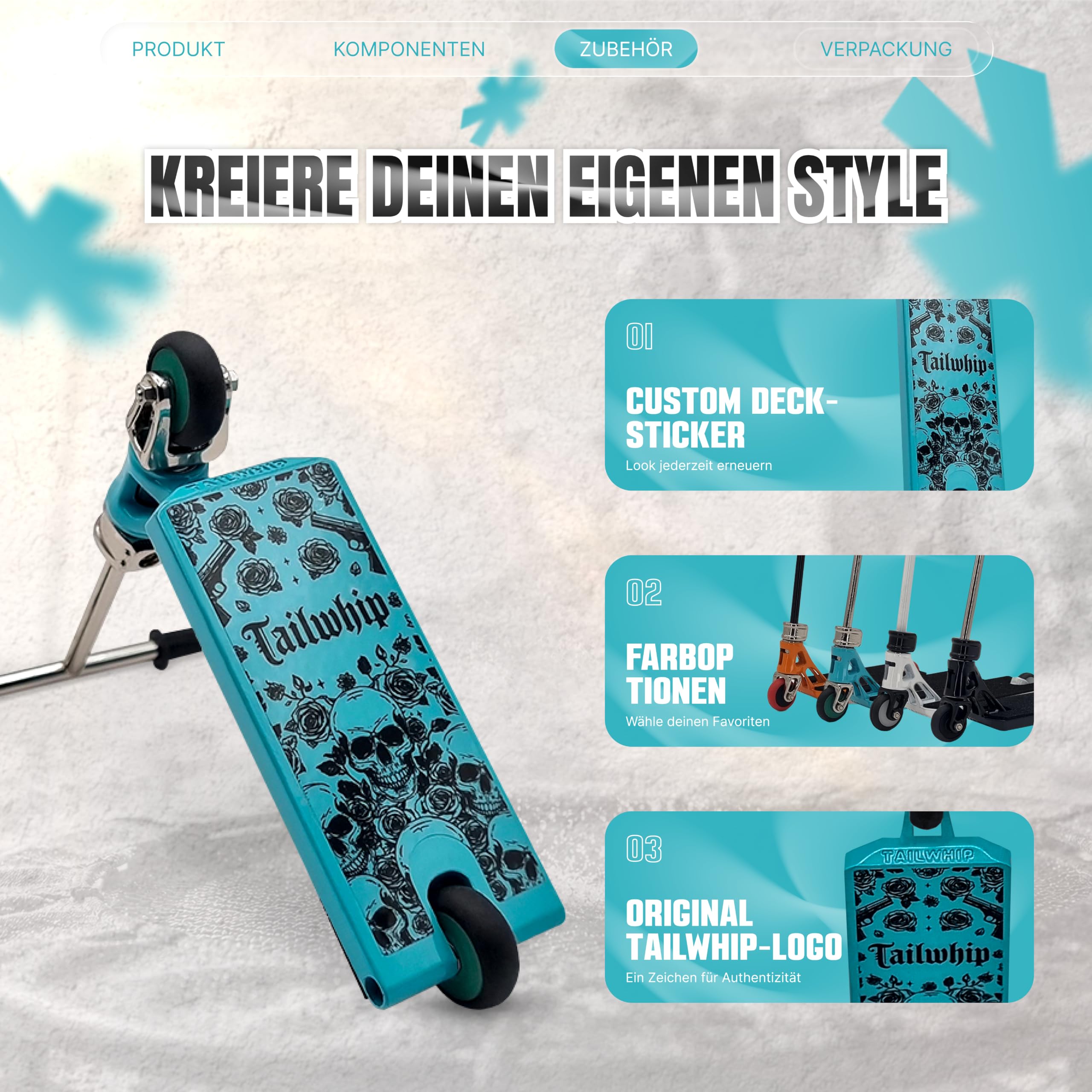 TAILWHIP PRO Finger Scooter mit Kugellagern – Kein Spiel, Laufruhig, Deck Sticker zur Individualisierung, Robuster Metall Trick Scooter für Kinder & Erwachsene, Tiffany