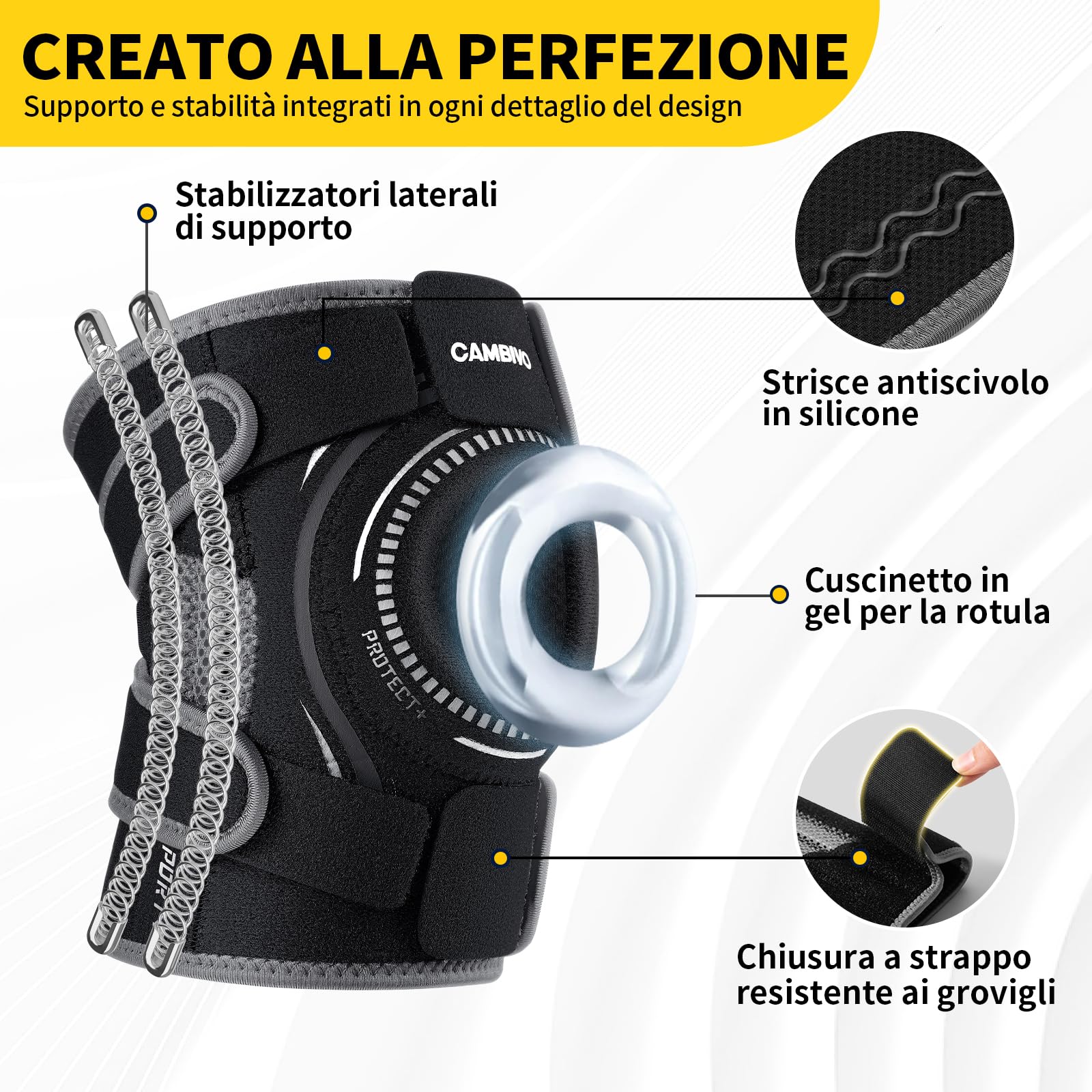 CAMBIVO Tutore Ginocchio con Stecche Laterali, Ginocchiera Ortopedica Regolabile con Foro Rotuleo, Ginocchiera Sportiva Elastica Traspirante Neoprene per Menisco Legamenti Artrite