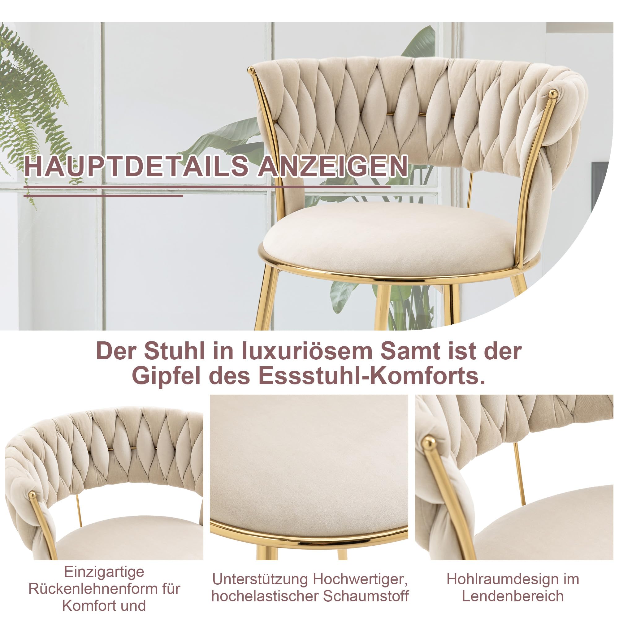 Samt Stuhl, Schalenstuhl mit Armlehne, Esszimmerstühle, Sessel Modern mit Goldenen Metallbeinen und Weichen Kissen für Esszimmer, Wohnzimmer und Schlafzimmer (2er-Set, Beige-2)