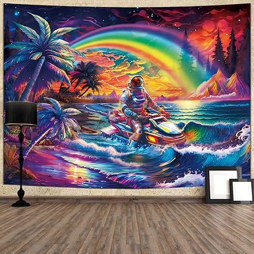 Ameyahud Tapiz de astronauta trippy, tapiz de olas oceánicas, tapiz hippie de palmera, tapiz de paisaje de fantasía, colorido nube, decoración para