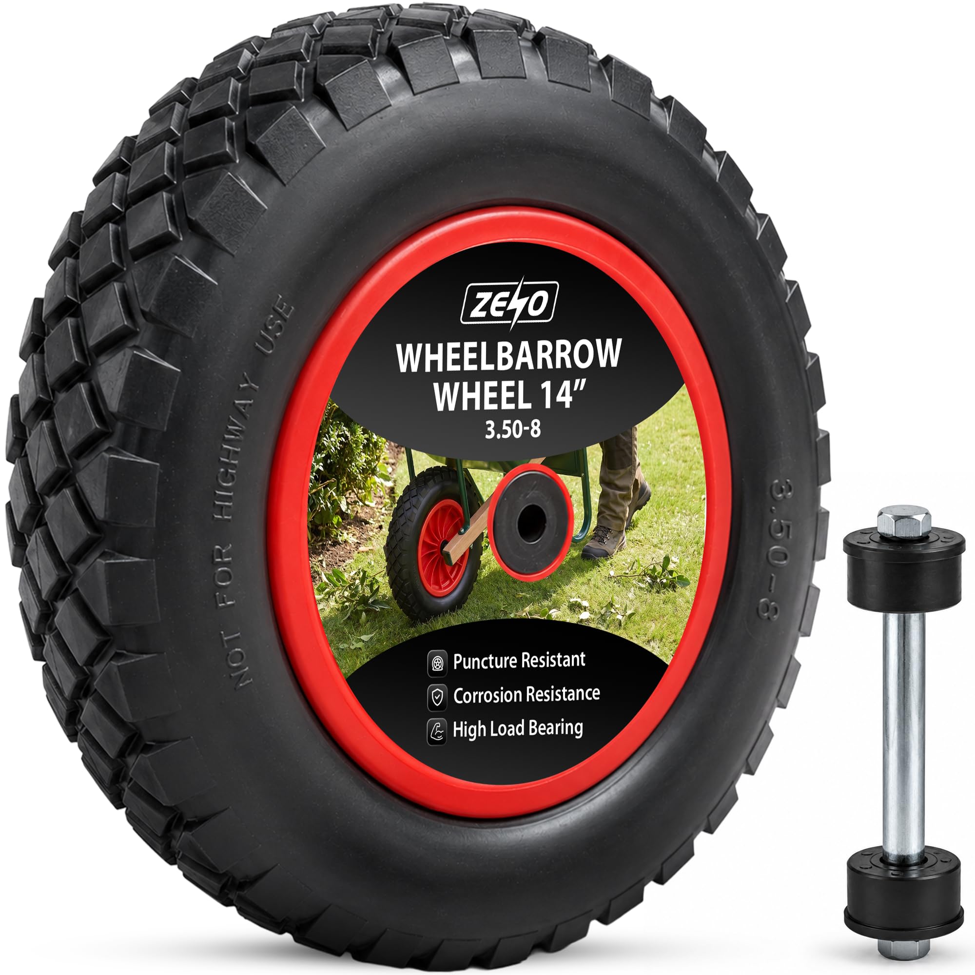 Zeno Wheelbarrow Wheel 14" | Puncture Proof Wheelbarrow Wheel Replacement 3.50-8 | Heavy Duty Solid Tyre Rim For Wheelbarrows, Garden Trolley, Trailer, Truck | Deep Grip Tread | Reinforced Sidewalls