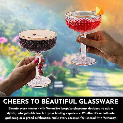 Miniatura 7 de VEMACITY - Juego de 4 vasos Coupé en relieve (10 onzas)  Copas de Martini Espresso Vintage con bordes dorados  Para champán, margarita, cosmopolita,