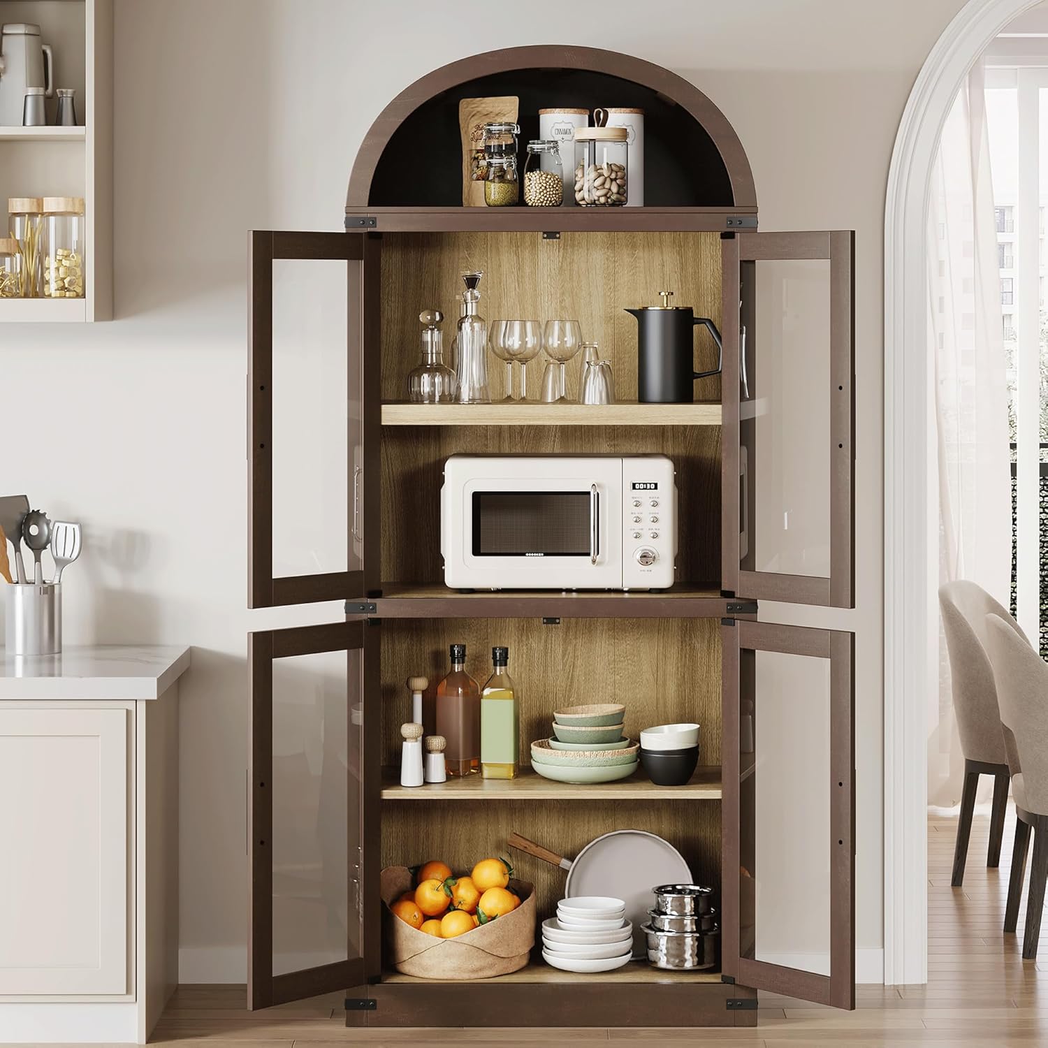 GarveeHome Arched Bookcase with Doors Modern 6-Tier Bookshelf with Storage Wooden Display Cabinet Farmhouse Storage Shelves for Living Room, Kitchen, Office