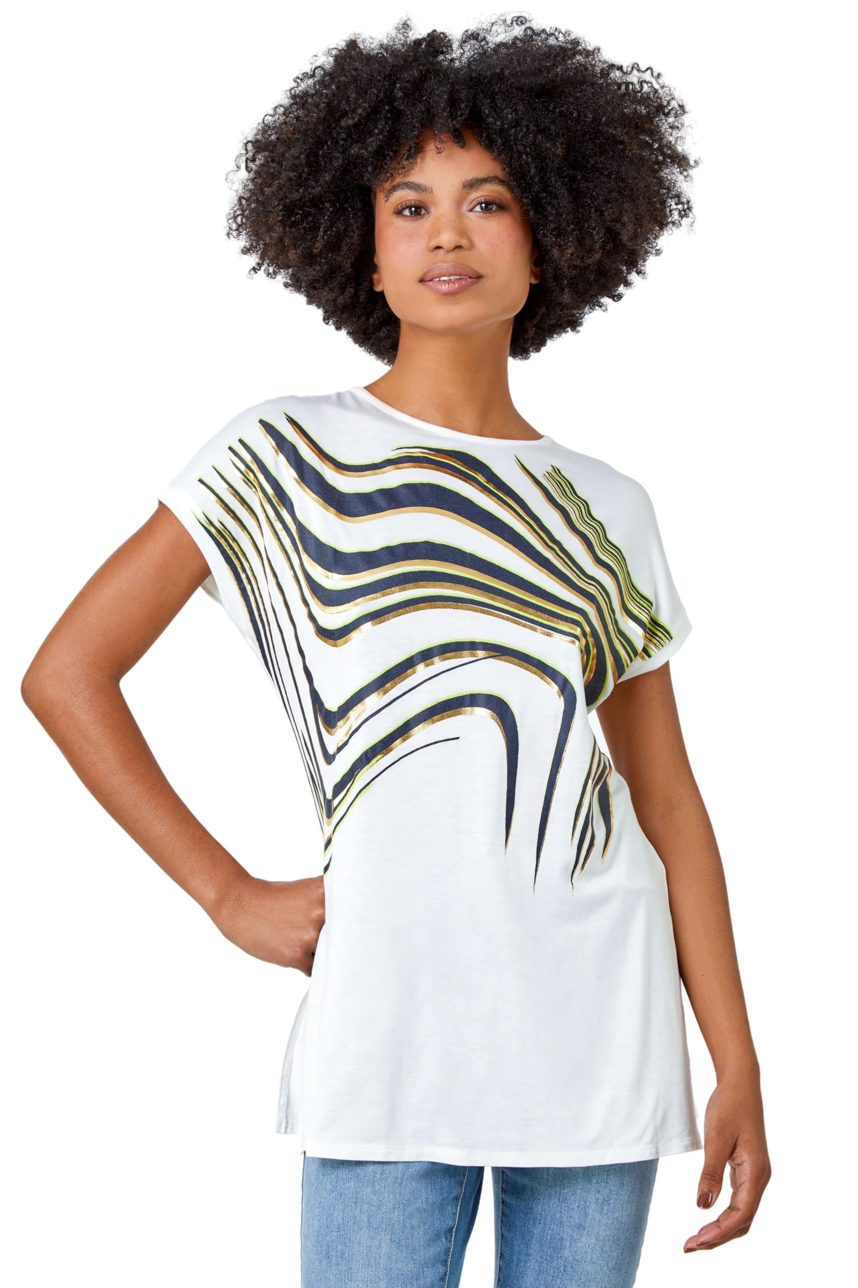 Roman Originals Women's White Yellow T-Shirt For Uk - Tee Shirt Summer Top Holiday Day Causal Short Sleeve Blouses Round Crew Boat Neck Lightweight - Size 10