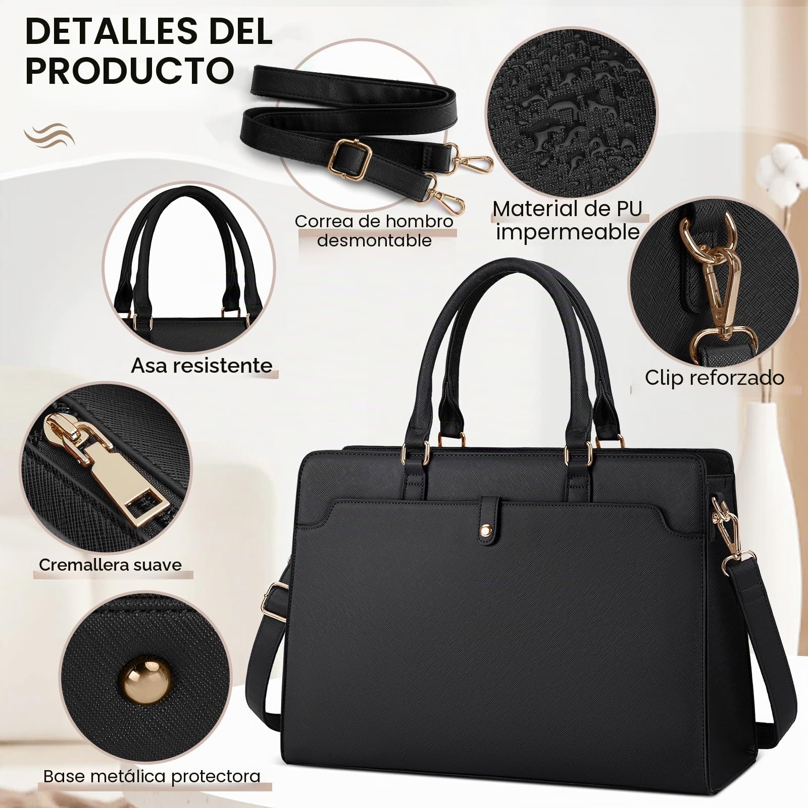 RAINSMORE Bolso Mujer Grande Bolsos Universidad Mujer Impermeable Bolso Ordenador Portatil 15.6 Pulgadas Cuero PU Bolso Shopper Trabajo Tote Negro