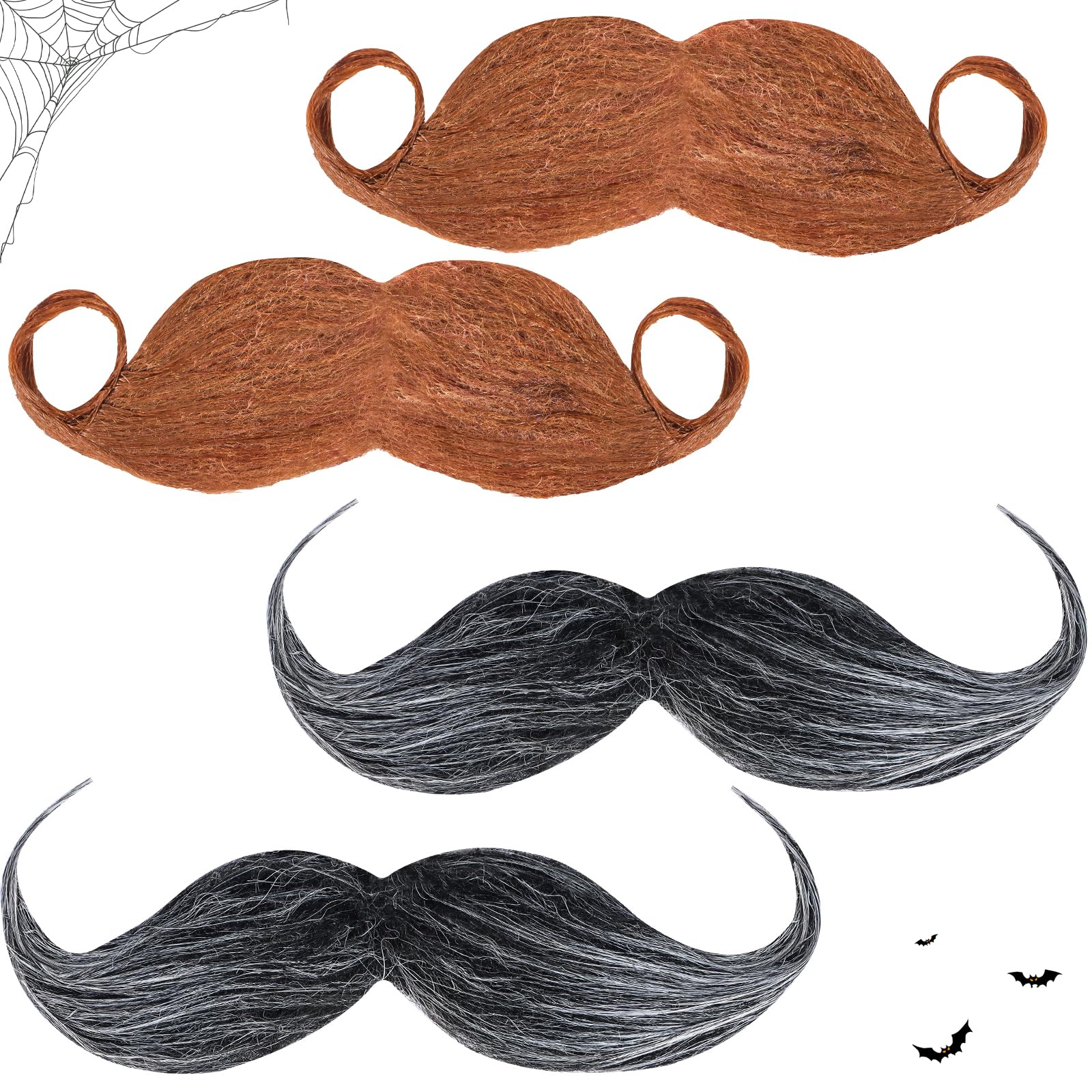 4-Piece Fake Beard & Mustache Set - Self-Adhesive Handlebar & Old Man Detective Style - Costume Facial Hair for Halloween, Christmas, Fiesta, Masquerade Parties