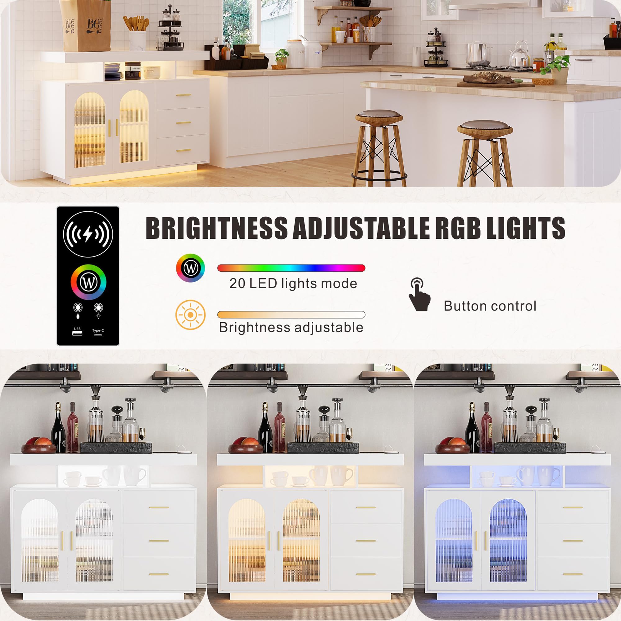 FREDEES küchenschrank Sideboard mit 3 Schubladen, Buffetschrank mit Auto-Sensor 20 Farbe Lichter Konsolentisch mit Ladestation, Touch Control Konsole Kaffee-Bar-Tisch für Küche, Esszimmer (weiß)