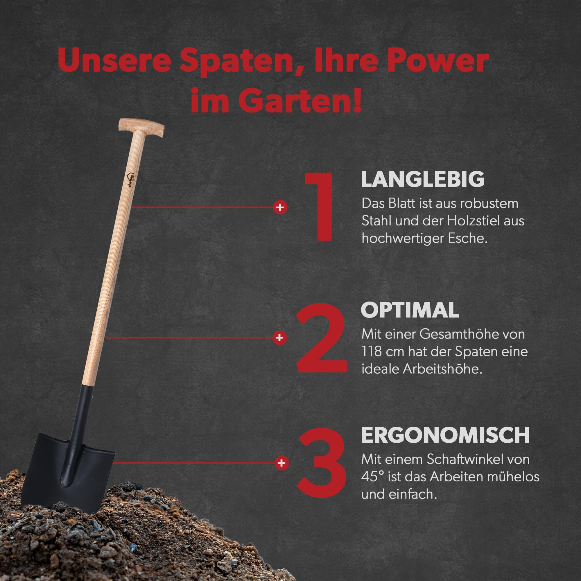 siwitec Gartenspaten rund SG-320 mit Holzstiel für weiche, steinarme Böden | ergonomischer Spaten mit Eschestiel und Stahlblatt | Länge: 118 cm | Garten | Gärtnerspaten