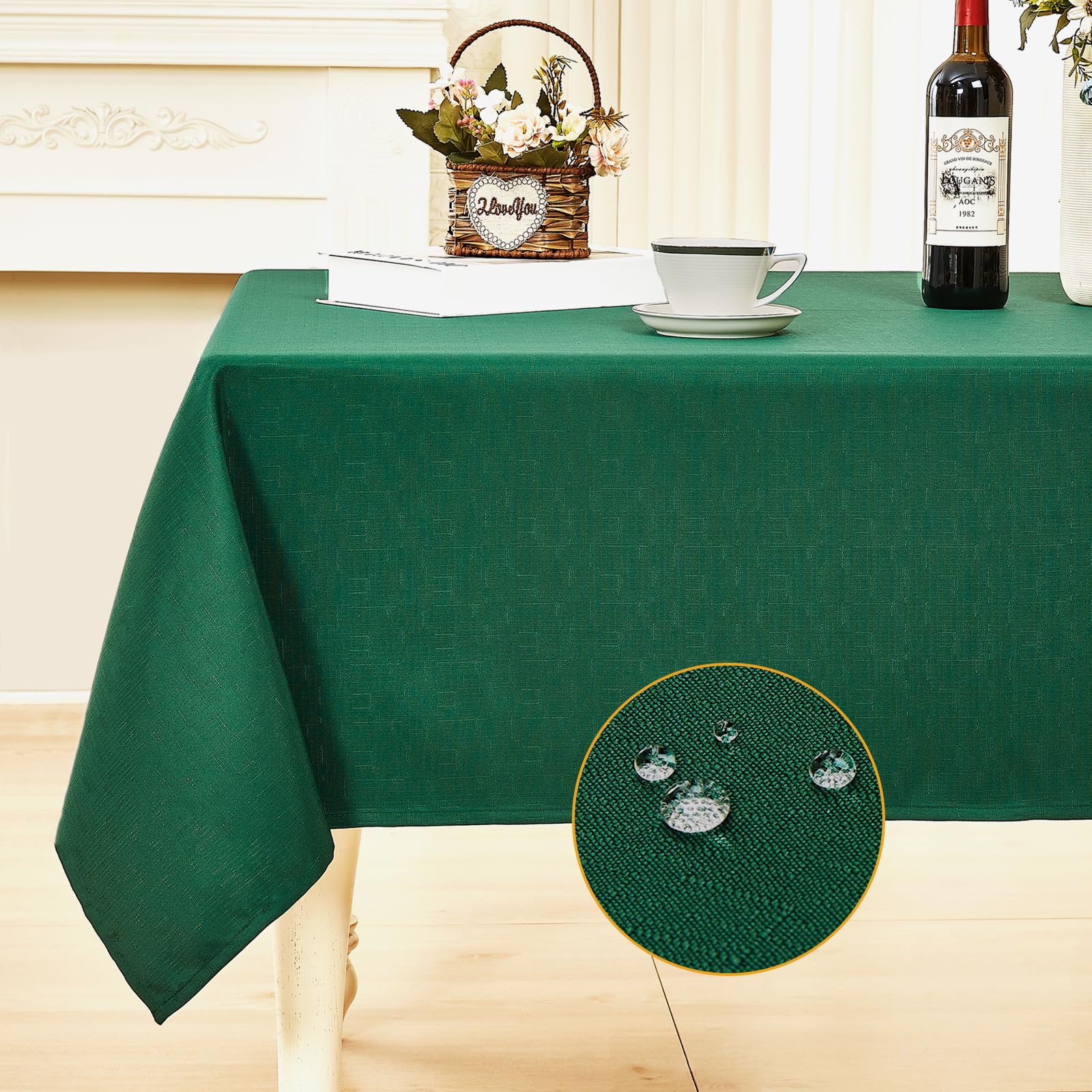 Rectangle Textured Tablecloth Waterproof SpillProof Washable Resistant Rectangular Fabric Table Cloth, Kitchen Dining Elegance Jacquard Table Cover,Outdoor and Indoor (Green, 60 x 144 Inch)