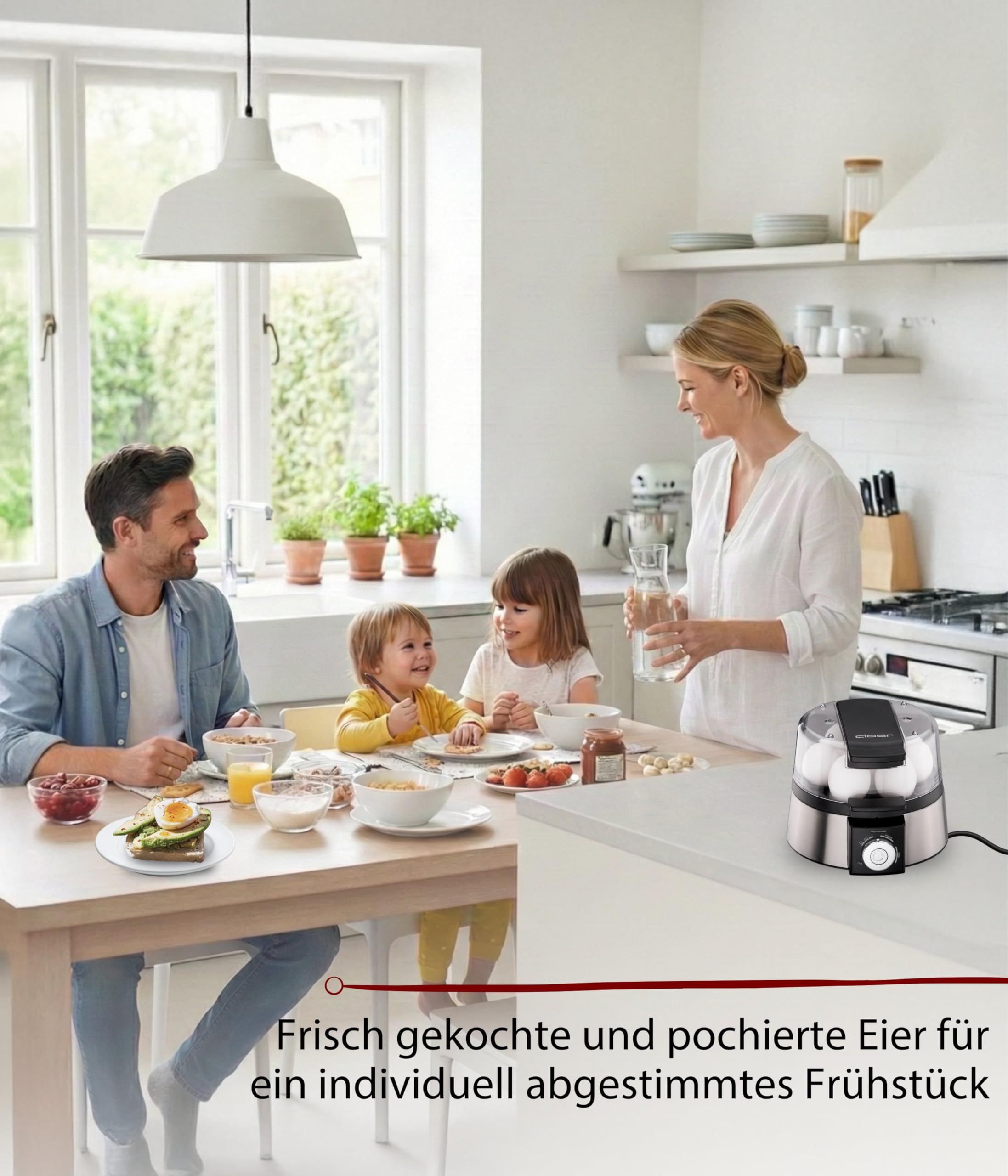 Cloer 6070 Elektronischer Eierkocher für bis zu 7 Eier, Weiterkochfunktion, akustische Fertigmeldung, 3 Pochierschalen, 435 W, Edelstahl