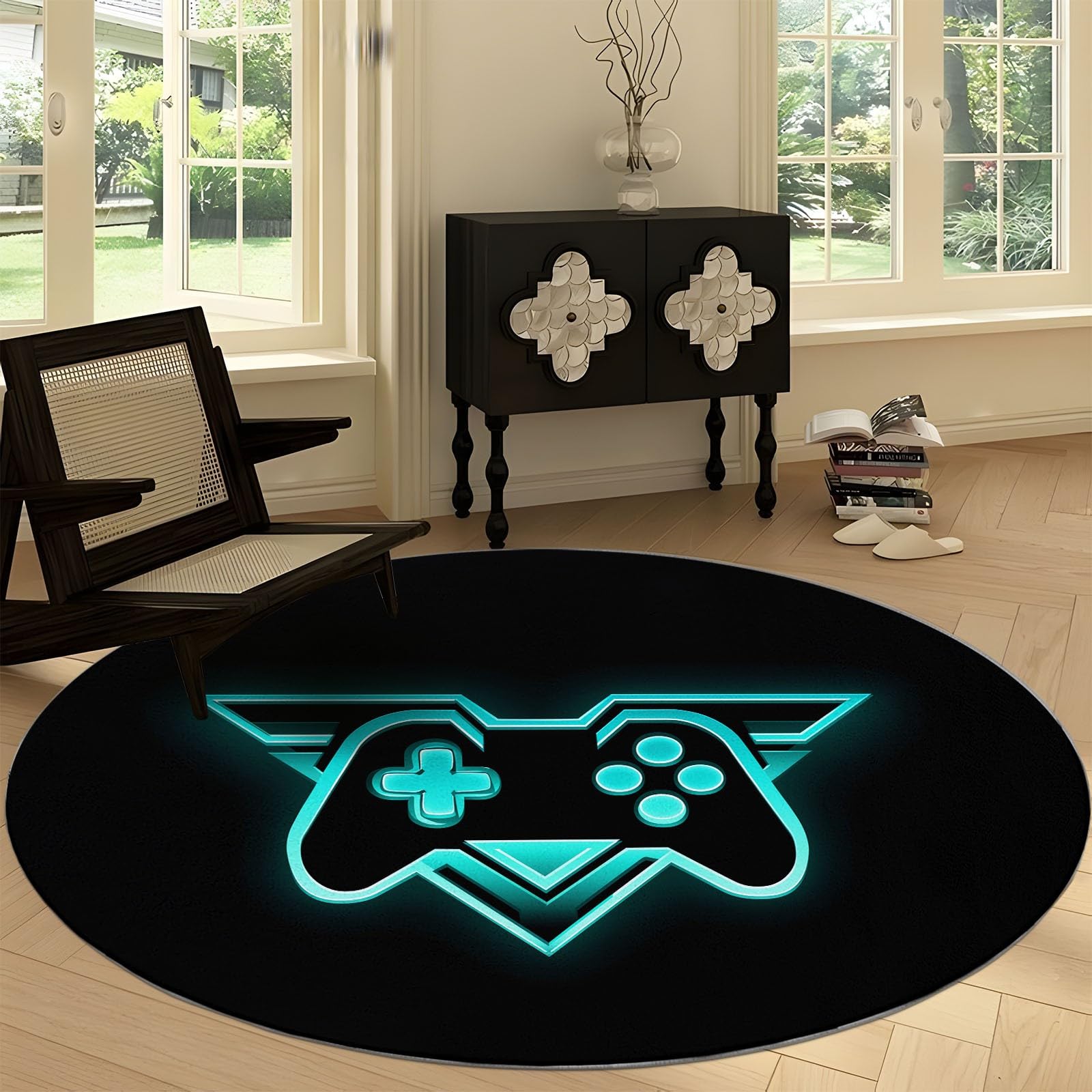 Generisch Teppich Game Controller Rund Ø 120 cm Weich und Flauschig Teppich, rutschfest Waschbar Schwarz Bedruckt Bodenteppich - Pflegeleicht für Wohnzimmer Schlafzimmer Terrasse