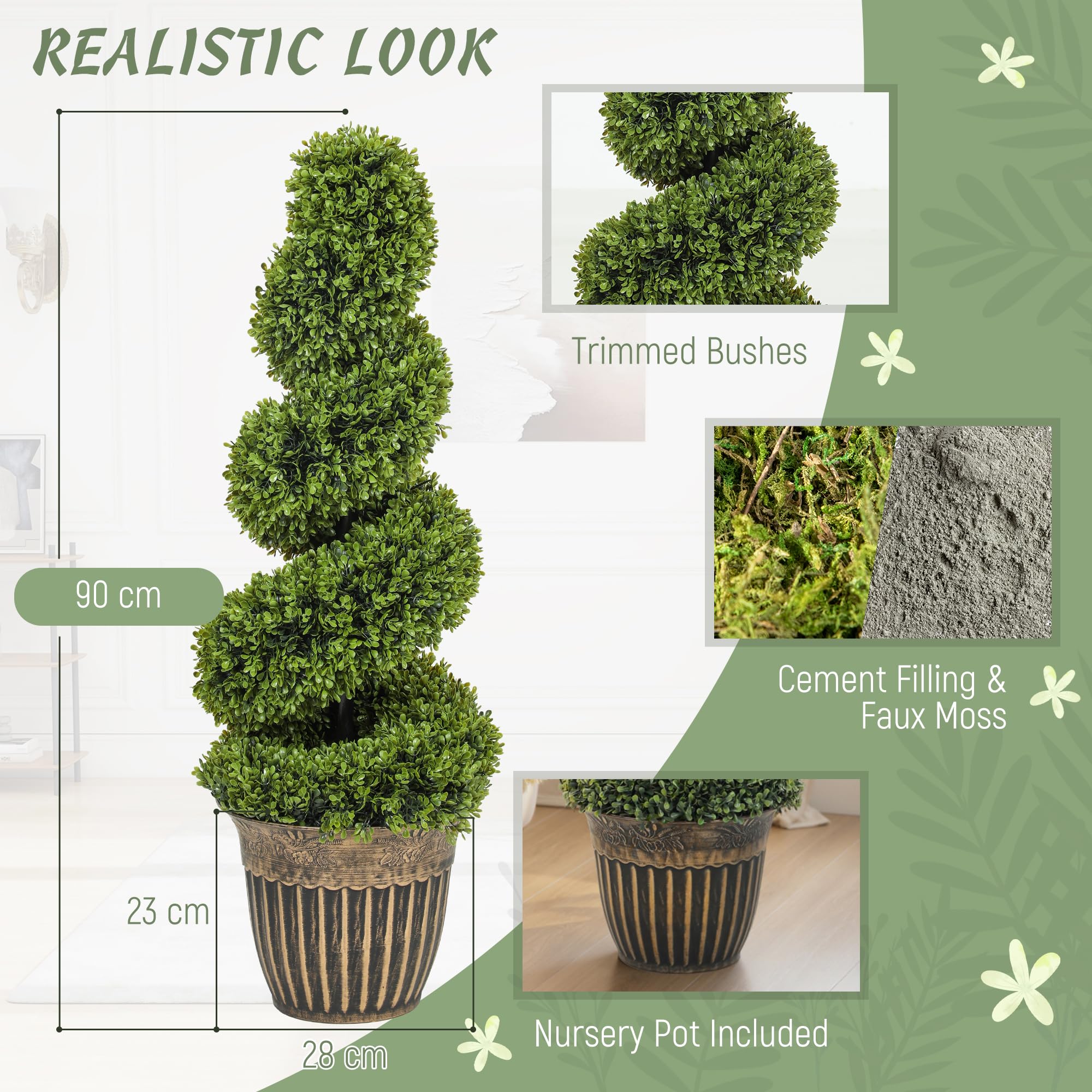 HOMCOM Juego de 2 plantas artificiales decorativas topiarias en espiral de boj en maceta, plantas falsas para decoración del hogar, interiores y exteriores, 90 cm, verde claro
