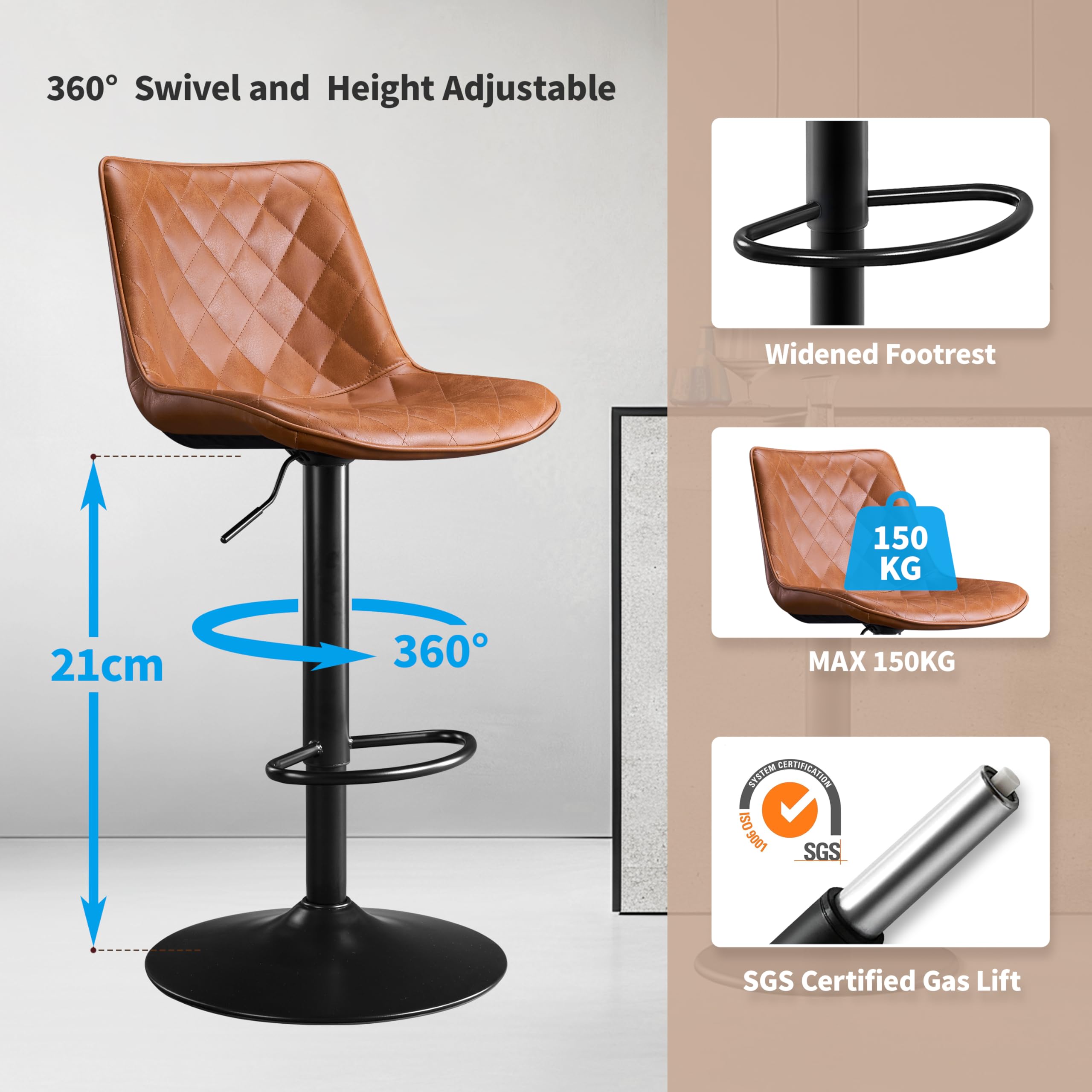 STOOLINK Juego de 2 Taburete Cocina, Taburete Alto Cuero de Microfibra, Taburete de Bar con Respaldo, Taburete Bar Regulables en Altura, Sillas de Bar con Reposapiés-Whisky Marrón