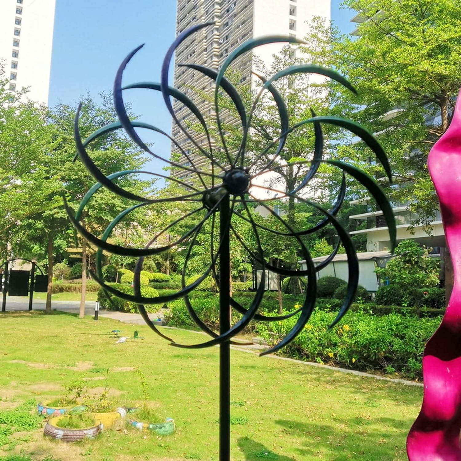 Luqeeg Garden Wind Spinner, Double Layer Metal Windmills Spinners, with Ground Stake Iron Material, for Yard Lawn Patio Decor Festival and Party Decoration