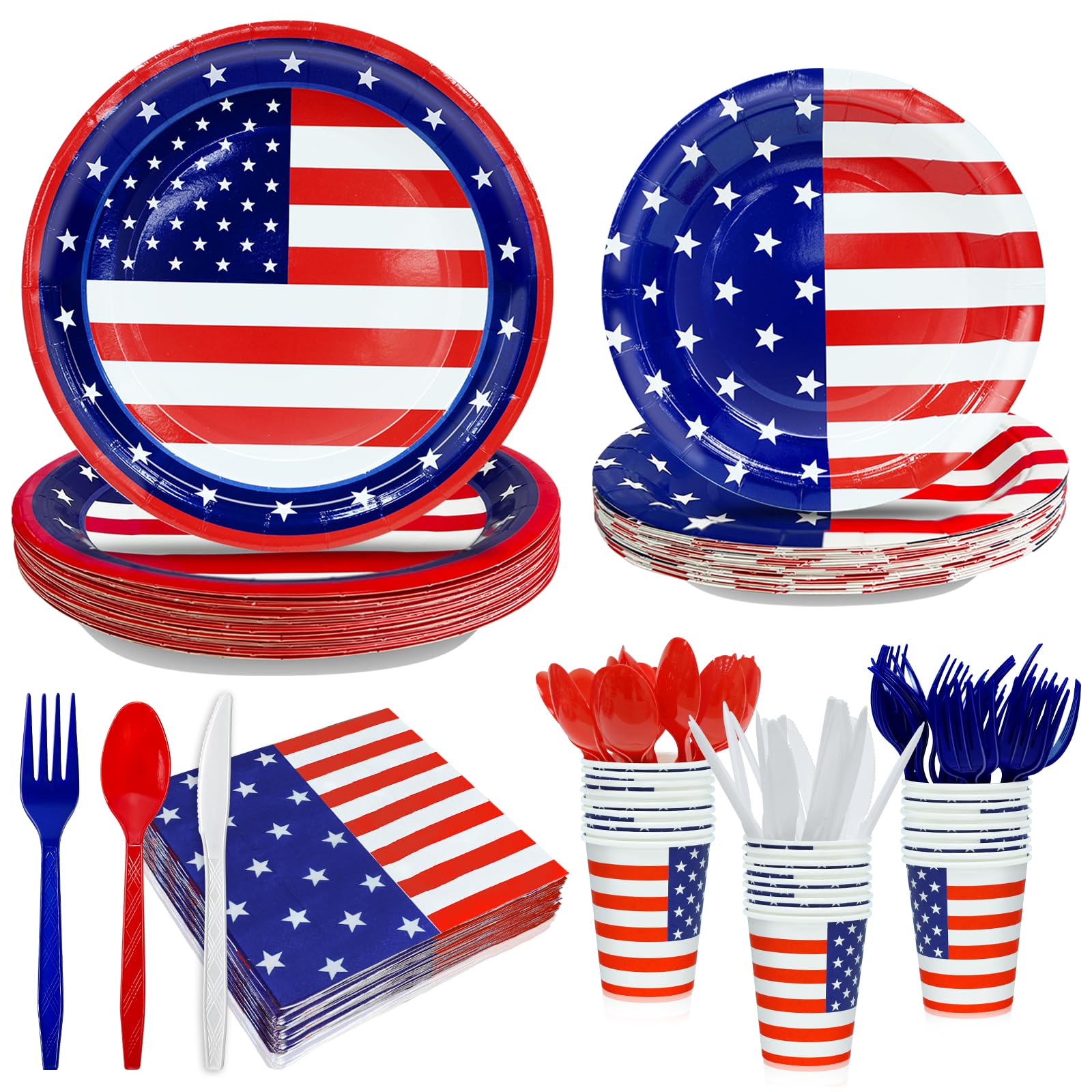168 PCS 4th of July Decorations Patriotic Party Supplies American Flag Themed Tableware Set Disposable Paper Plates Napkins Cups Knives Forks Spoons