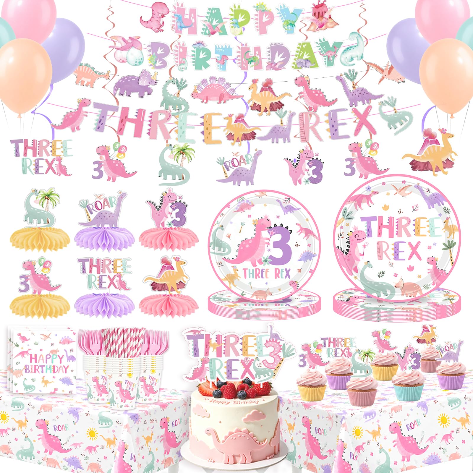 Pink Three Rex Birthday Decorations for Girls Dinosaur 3rd Bday Party Supplies 3 Rex Dino Tableware Banners Garland Honeycomb Centerpieces Balloon Talbelcoth Hanging Cupcake Topper Serve 25