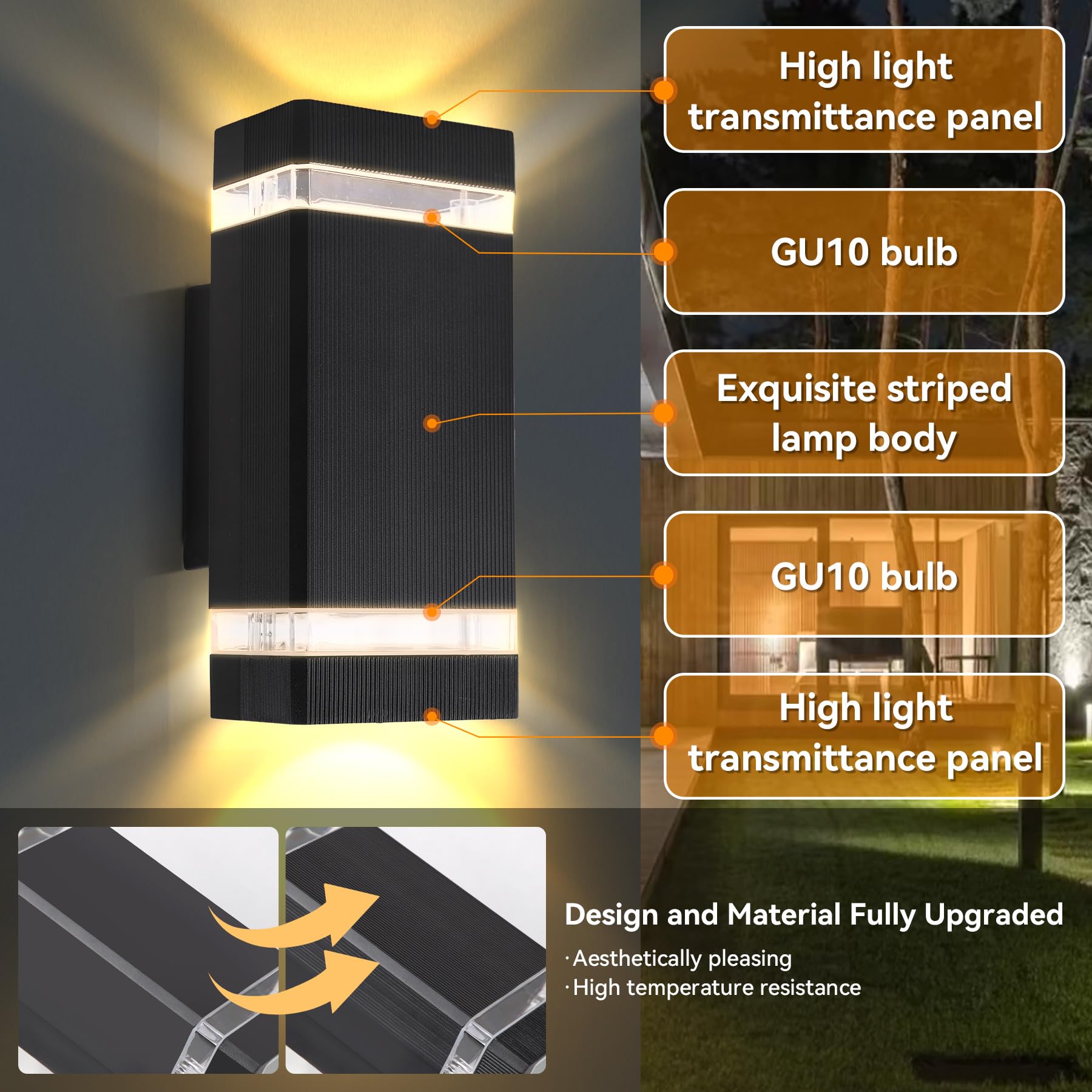 YICALE Outdoor Wall Lights Mains Powered,Up Down Lights Outdoor IP65 Outside Wall Light,Aluminium LED Porch Front Door Light for House,Garden,6W GU10*4,Black - Image 3