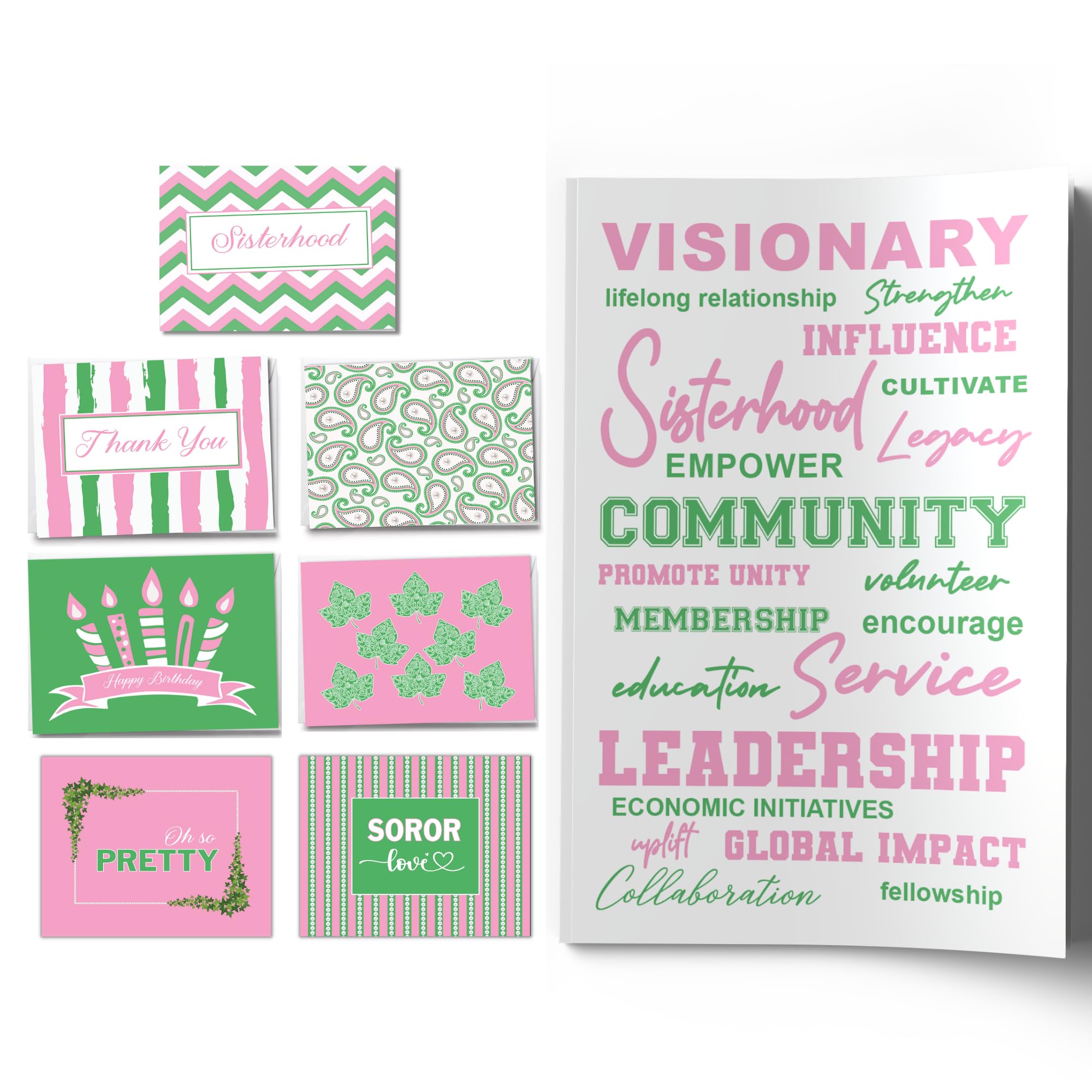 Pink &amp; Green Visionary Journal and 15 notecards |Sorority Inspired | Thank you, Birthday and Sisterhood greeting cards