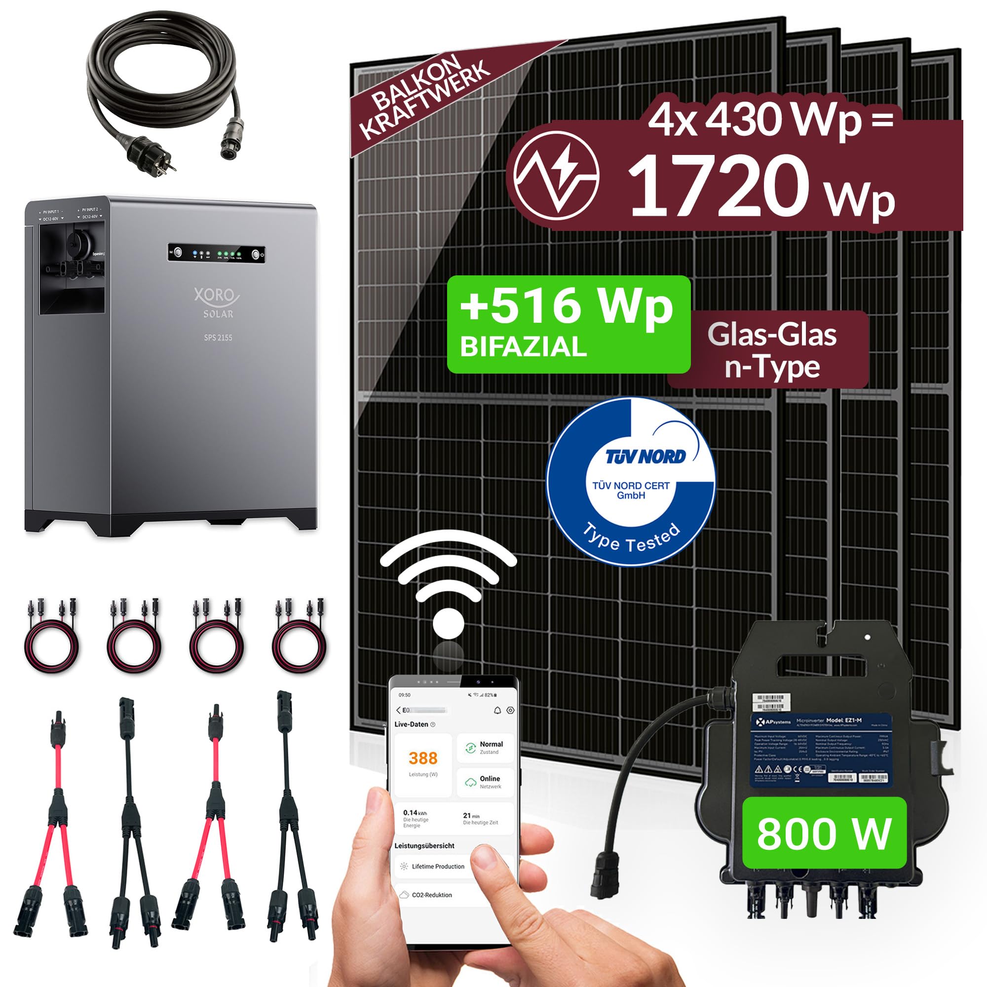 1720W Balkonkraftwerk mit Speicher SPS 2155 – ohne Halterung