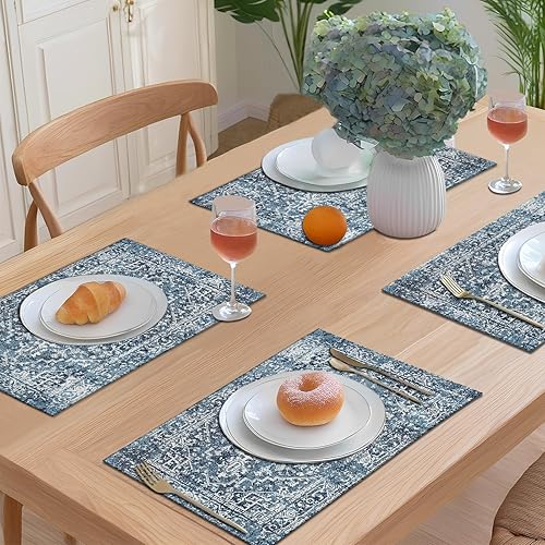 Miniatura 3 de Juego de 4 manteles individuales color azul bohemio para interiores, tela de lino étnica, lavables, resistentes al calor, para mesas de cocina,