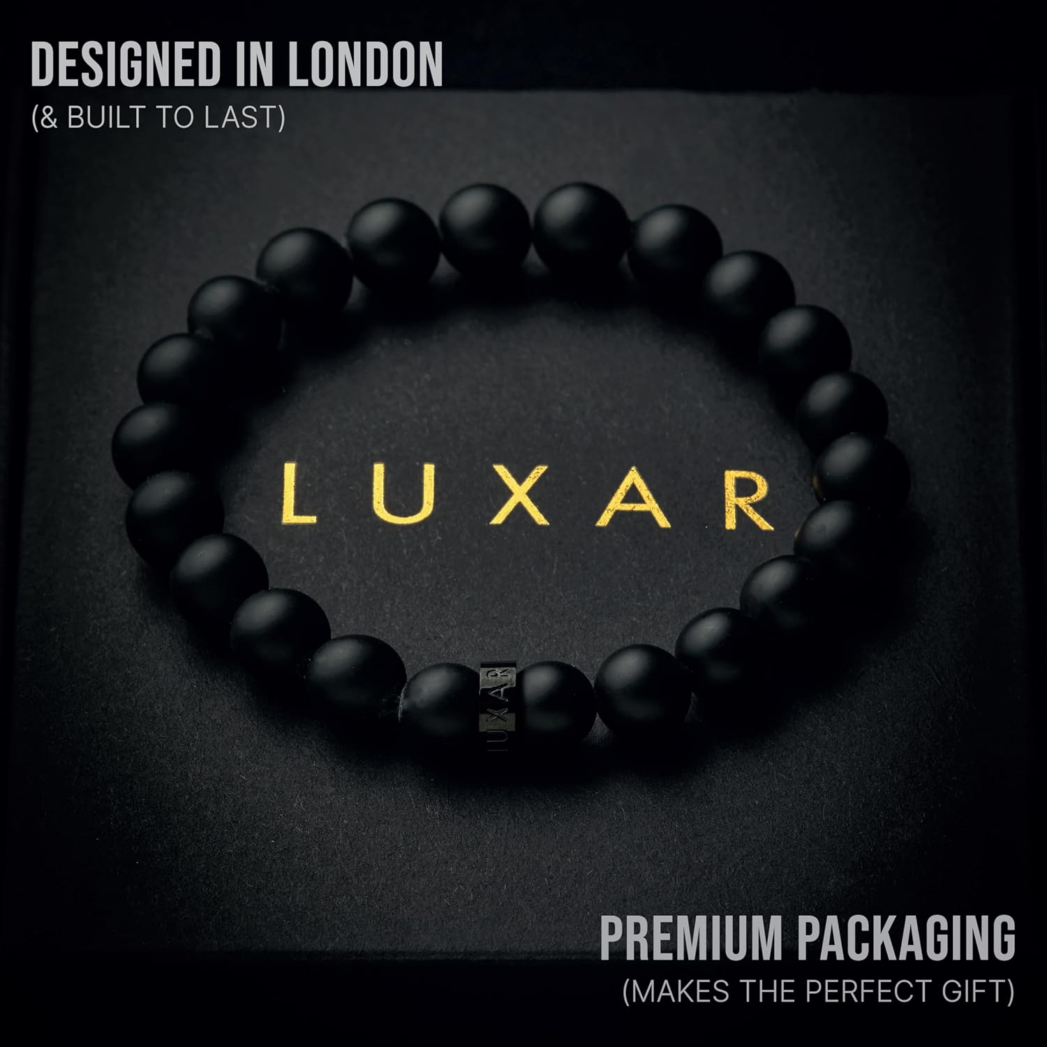 LUXAR Men’s Bracelet - Genuine Black Leather Bracelet with Stainless Steel Clasp or 8mm Matte Black Onyx Stone Bead Bracelet - Minimalist Designer Jewelry for Men