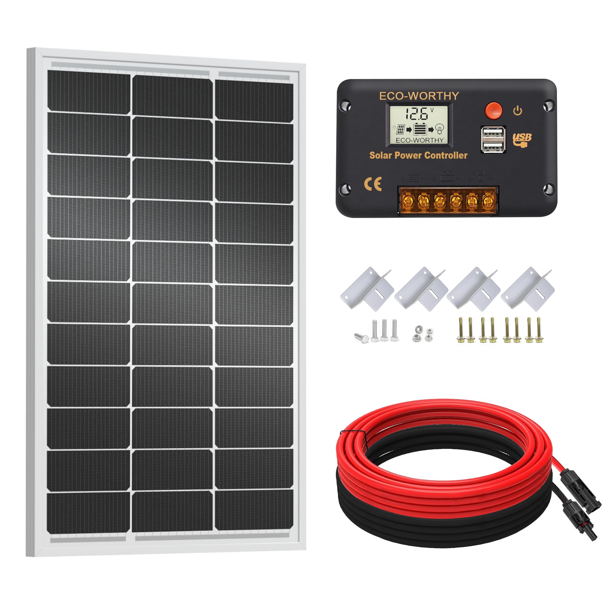 ECO-WORTHY Kit pannello solare 100 W 12 V per camper barca 12 V batteria: pannello solare monocristallino da 100 W + regolatore di carica solare da 30 A + cavo solare + morsetti di fissaggio Z