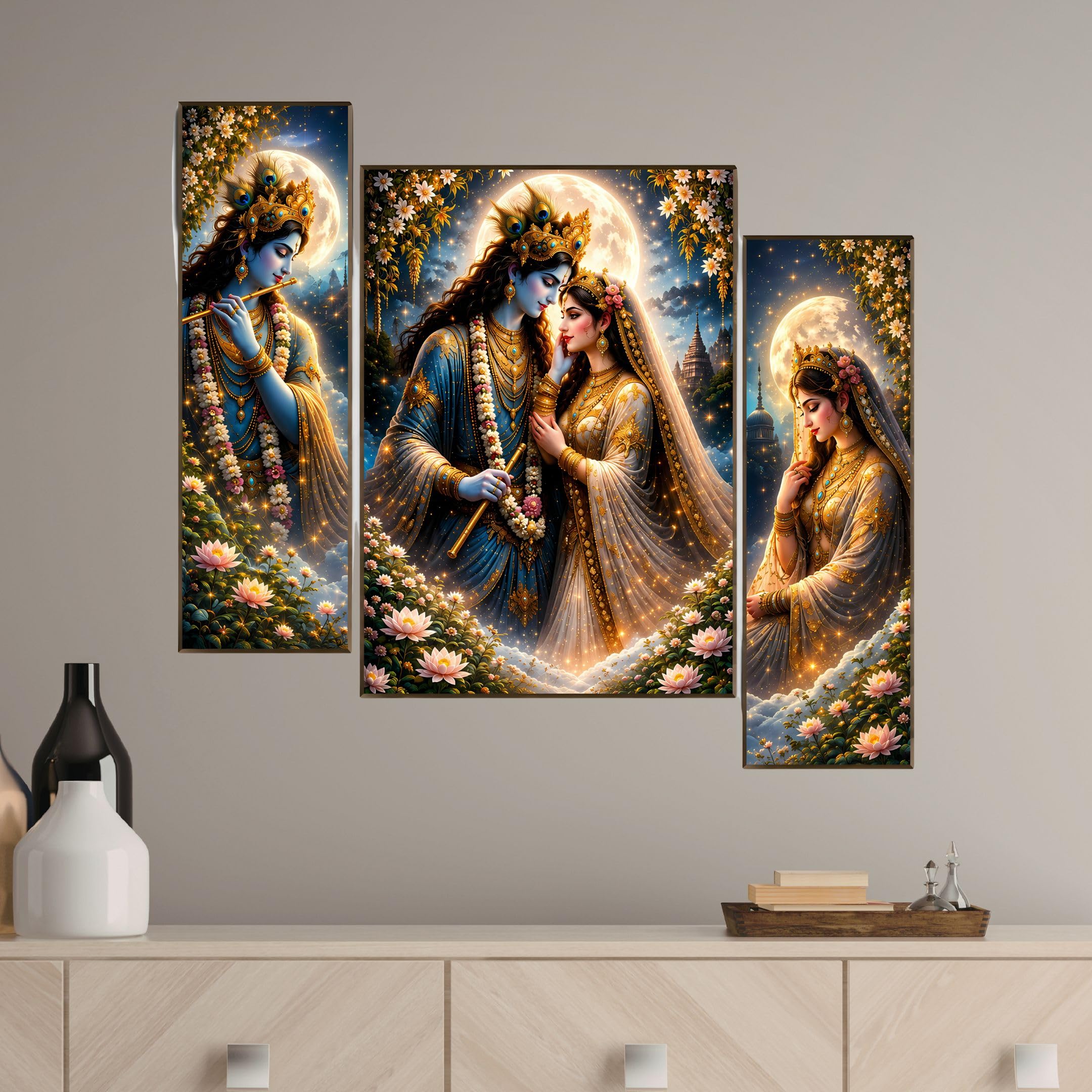 DAKSHESTRY ARTWORKS Radha Krishna Wall Painting Set of 3 | Spiritual Hindu God Wall Art for Living Room, Bedroom & Pooja Room | Decorative Printed Wall Frames | Devotional Home Décor & Gift Unframed-image-38
