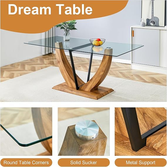 Ebullient 71''Glass Dining Table Set for 6, Modern Dining Room Table Set for 6 with Brown PU Leather Dining Chairs, Rectangular Kitchen Table Chairs Set with Wood U-Shape Table Leg for Dining Room