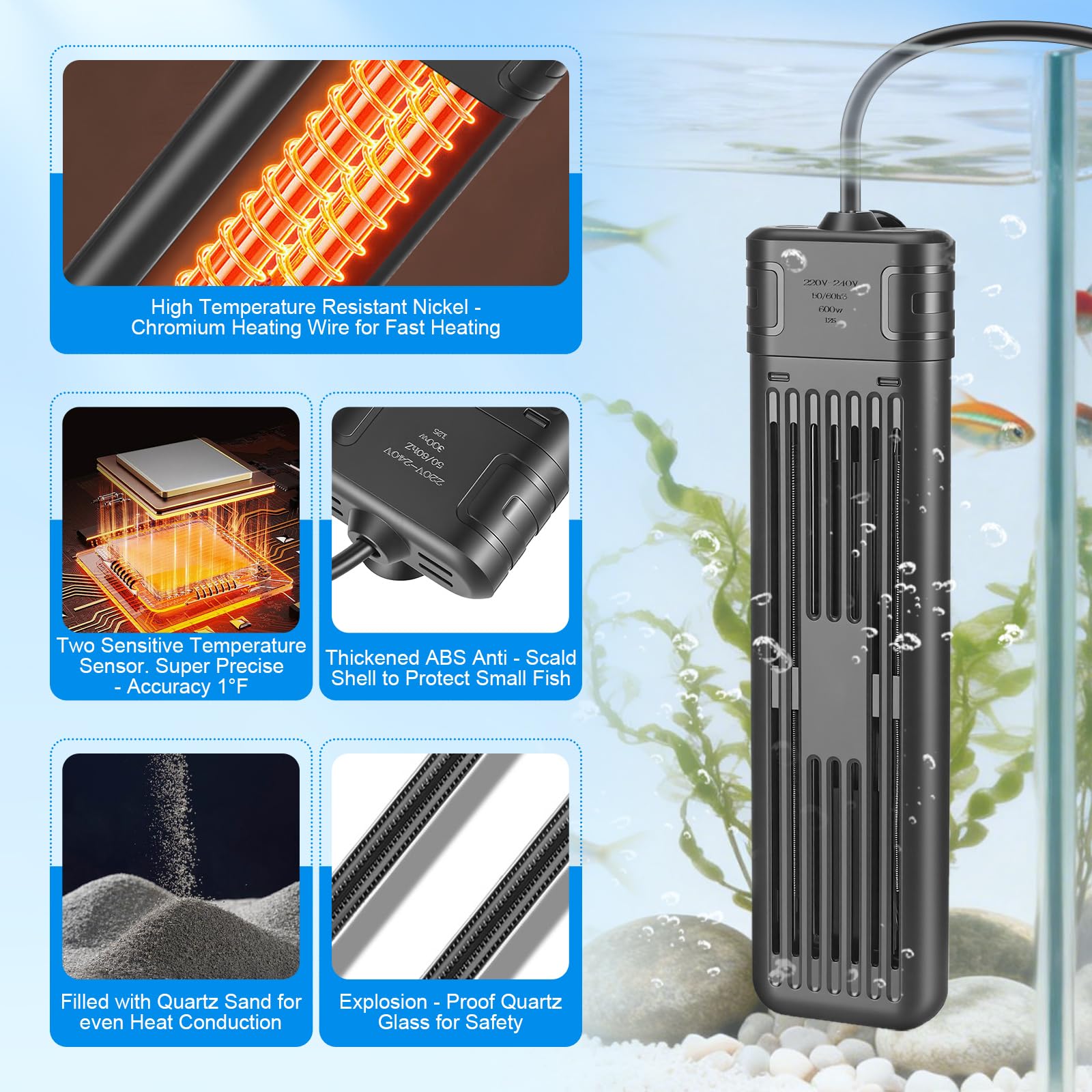 Chauffage pour Aquarium 300W, Thermostat Digital avec Double Affichage, Arrêt Automatique & Protection Surchauffe, pour Eau Douce/Salée (Câble 2,3 m)