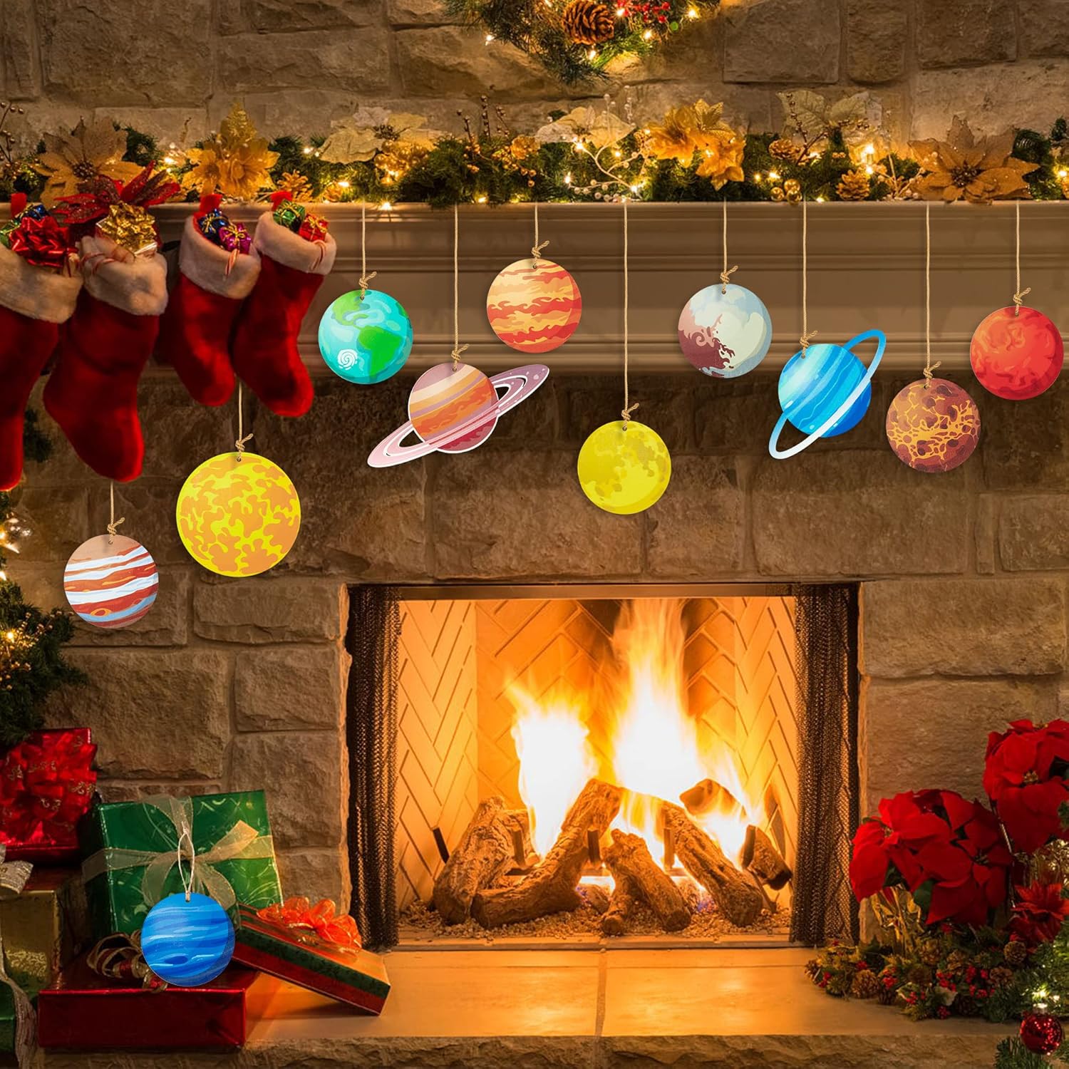 Haooryx 34PCS Outer Space Wood Hanging Ornaments Solar System Themed Ornament Earth Saturn Jupiter Wooden Slice Pendants for Outer Space Theme Birthday Party Holiday Home Christmas Tree Decorations - Image 7