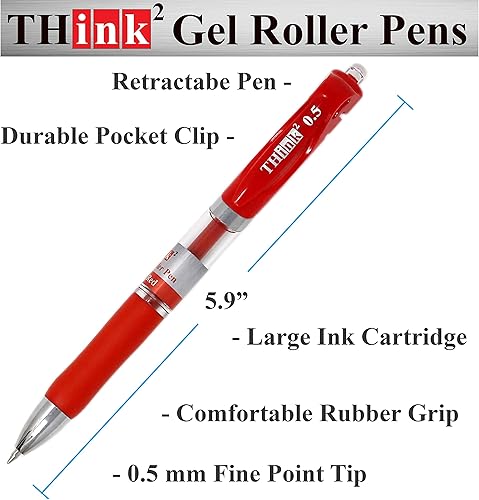 Miniatura 6 de 24 bolígrafos de tinta roja bolígrafos de gel retráctiles Think2. (24 rojos) bolígrafos de punta fina (0.020 in) con agarre cómodo. Retira la punta