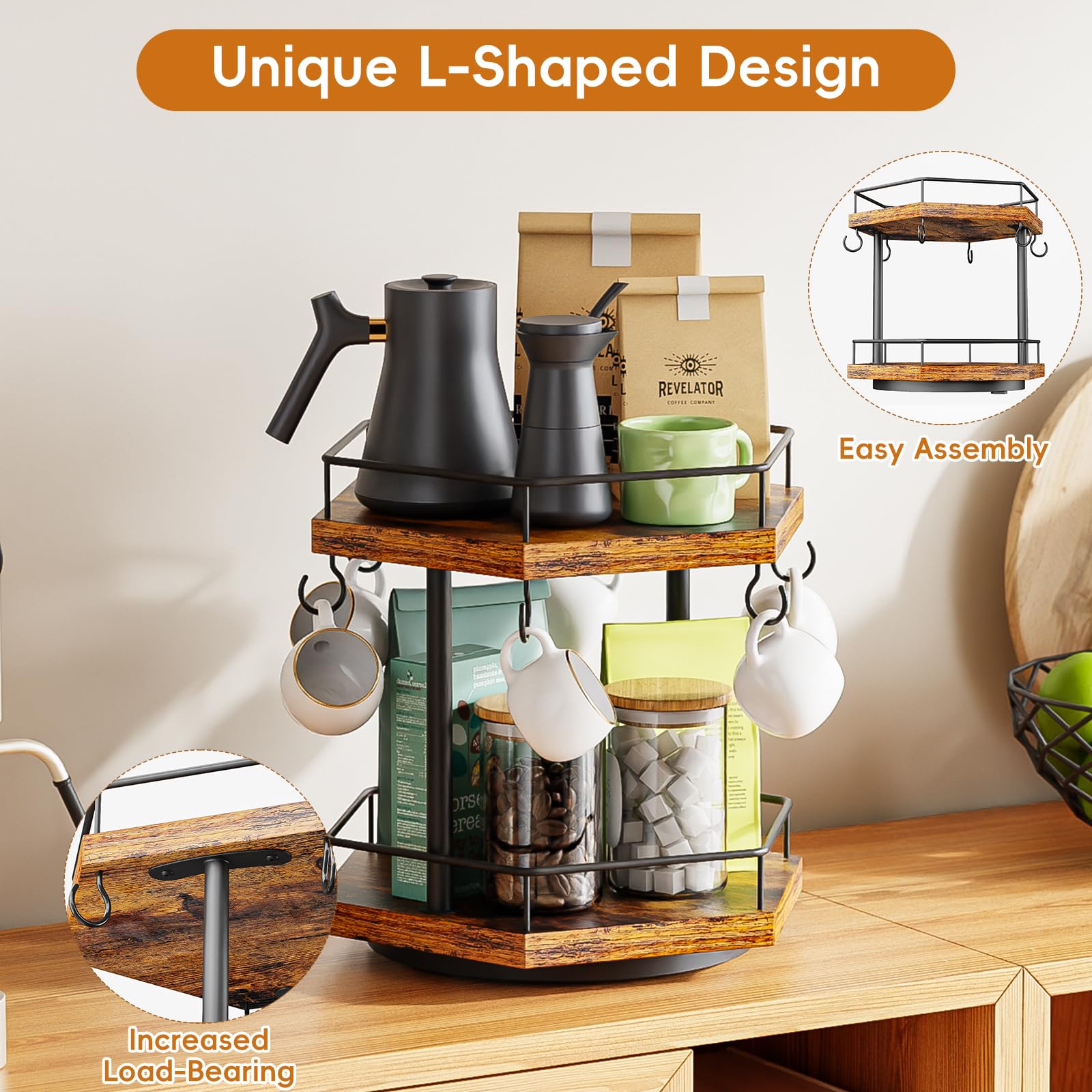 Amazon.com: KLM 2 Tier Coffee Bar Organizer Countertop Station Shelf for  Home Office, Multi-Functional Coffee Mug Cup Holder Stand, Accessory Storage  Rack with 6 Hooks, 360 Rotated Coffee Cup Holder for Counter :