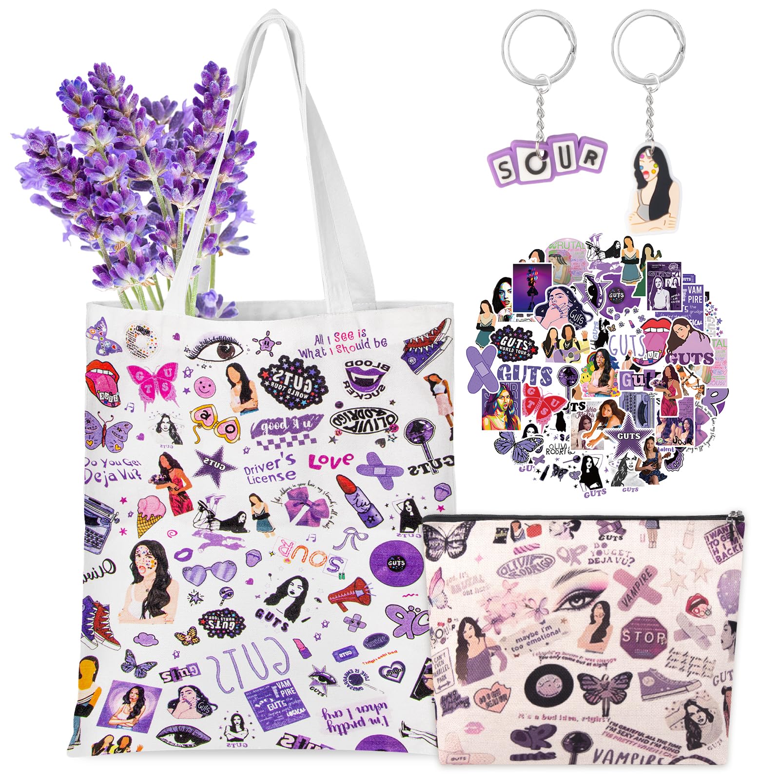 54PCS Ol𝕚v𝕚a Merch Album Canvas Bag Set, Cosmetic Bag Music Lover Makeup Bags with Stickers & Keychain
