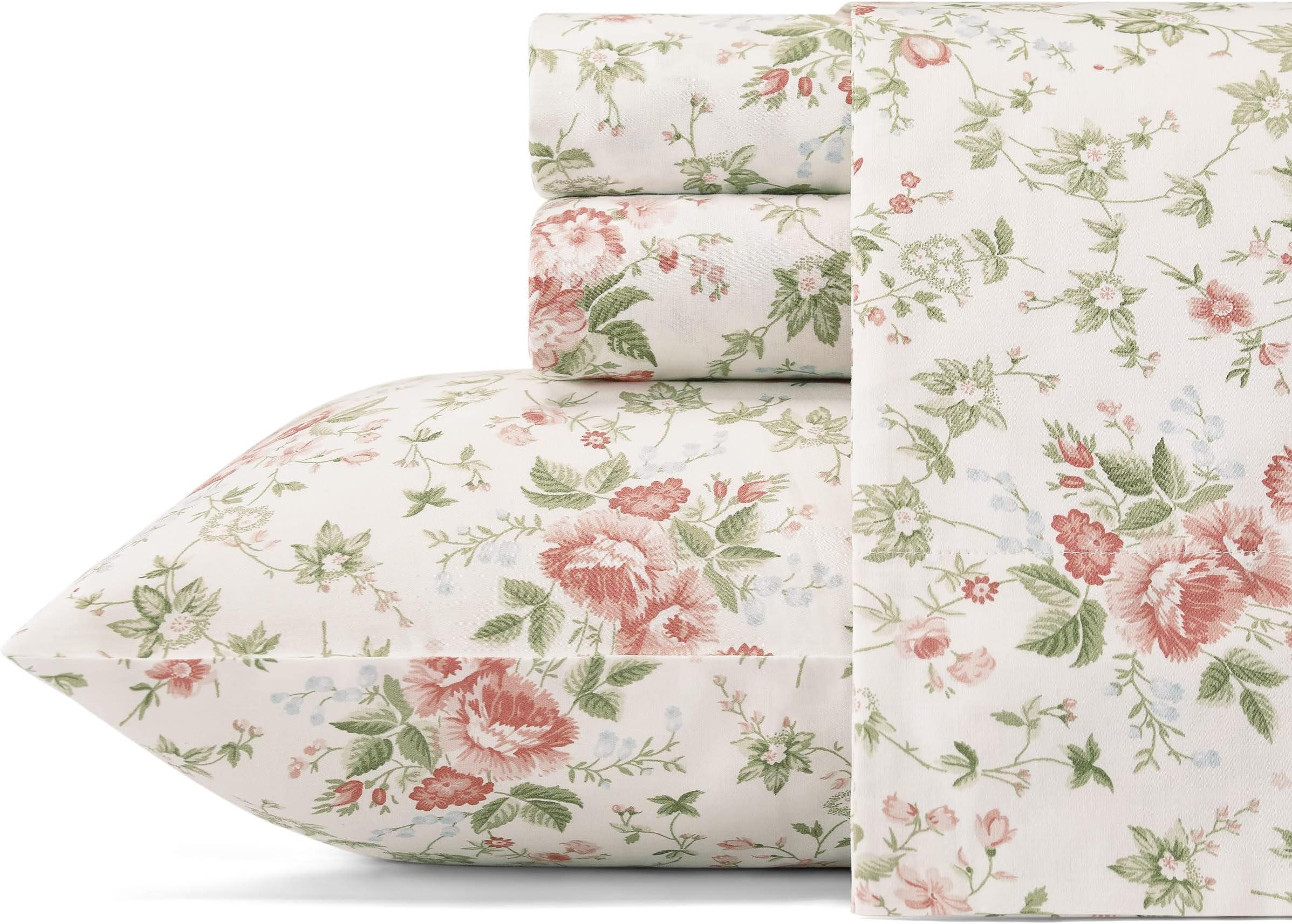 Laura Ashley - King Sheet Set, Buttery-Soft Bed Sheets with a Naturally Silky Smooth Cotton Sateen Lightweight Feel - Matching Pillowcases & Fitted Sheet (Lilian Coral)