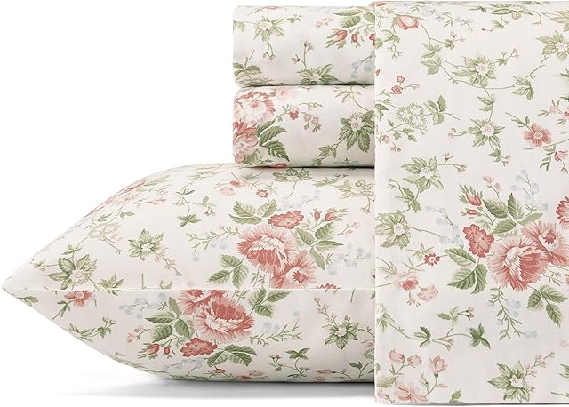 Laura Ashley Soft Sateen Cotton Bedding Set-Sleek, Smooth, & Breathable Home Decor, Lilian Coral, Queen