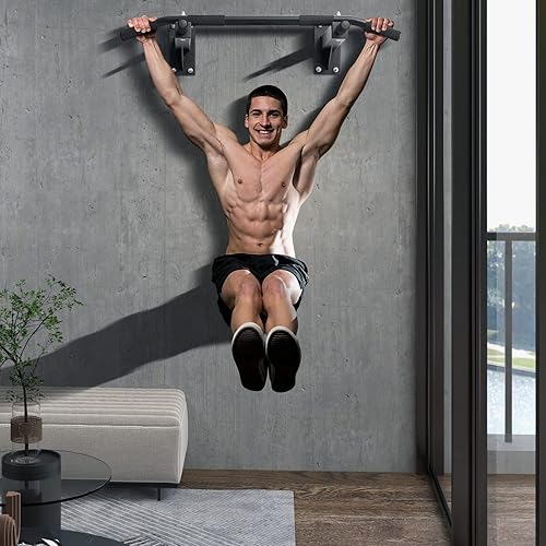 Miniatura 7 de GYMAX Barra de dominadas, barra de dominadas montada en la pared de 440 libras con 3 posiciones de agarre, estación de barra de entrenamiento de