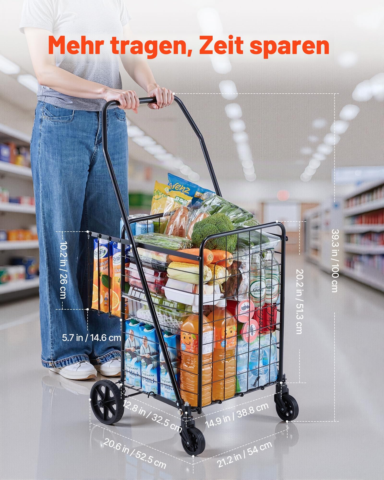 VEVOR Einkaufswagen zusammenklappbarer Einkaufstrolley mit Zwei Körben & wasserfester Auskleidung & Rädern, 45,3 kg Tragkraft, 64 +10 L Einkaufsroller für Wäsche Einkaufen Camping Lebensmittel